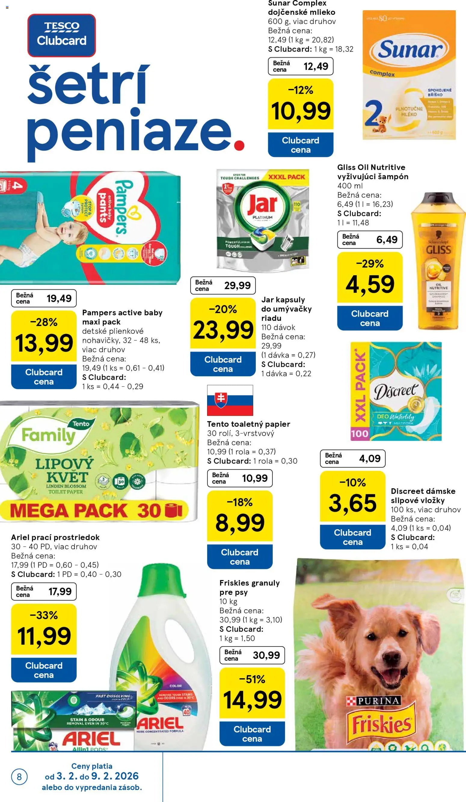 Nové Tesco akcie – leták je platný od 04.02.2026 | Strana: 8 | Produkty: Mlieko, Friskies, Šampón, Jar