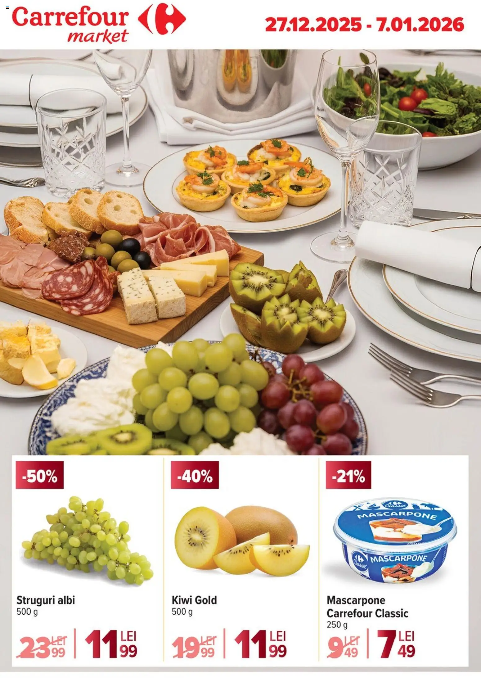 Noul catalog Carrefour – valabil de la 27.12.2025 | Pagină: 1 | Produse: Struguri, Kiwi, Mascarpone