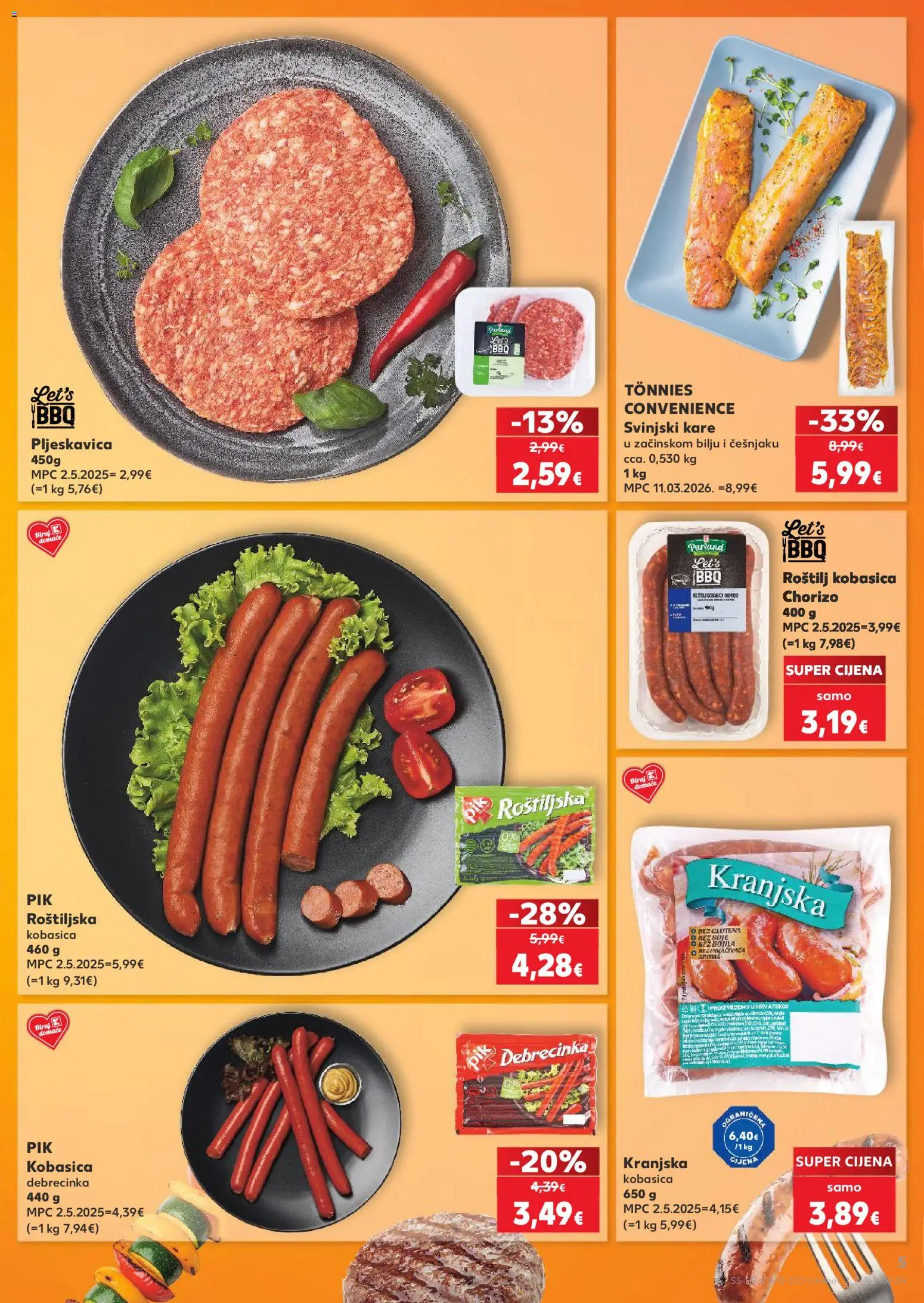 Kaufland katalog | vrijedi od 08.04.2026 | Stranica: 5 | Proizvodi: Roštilj, Svinjski kare, Kranjska kobasica, Kobasica