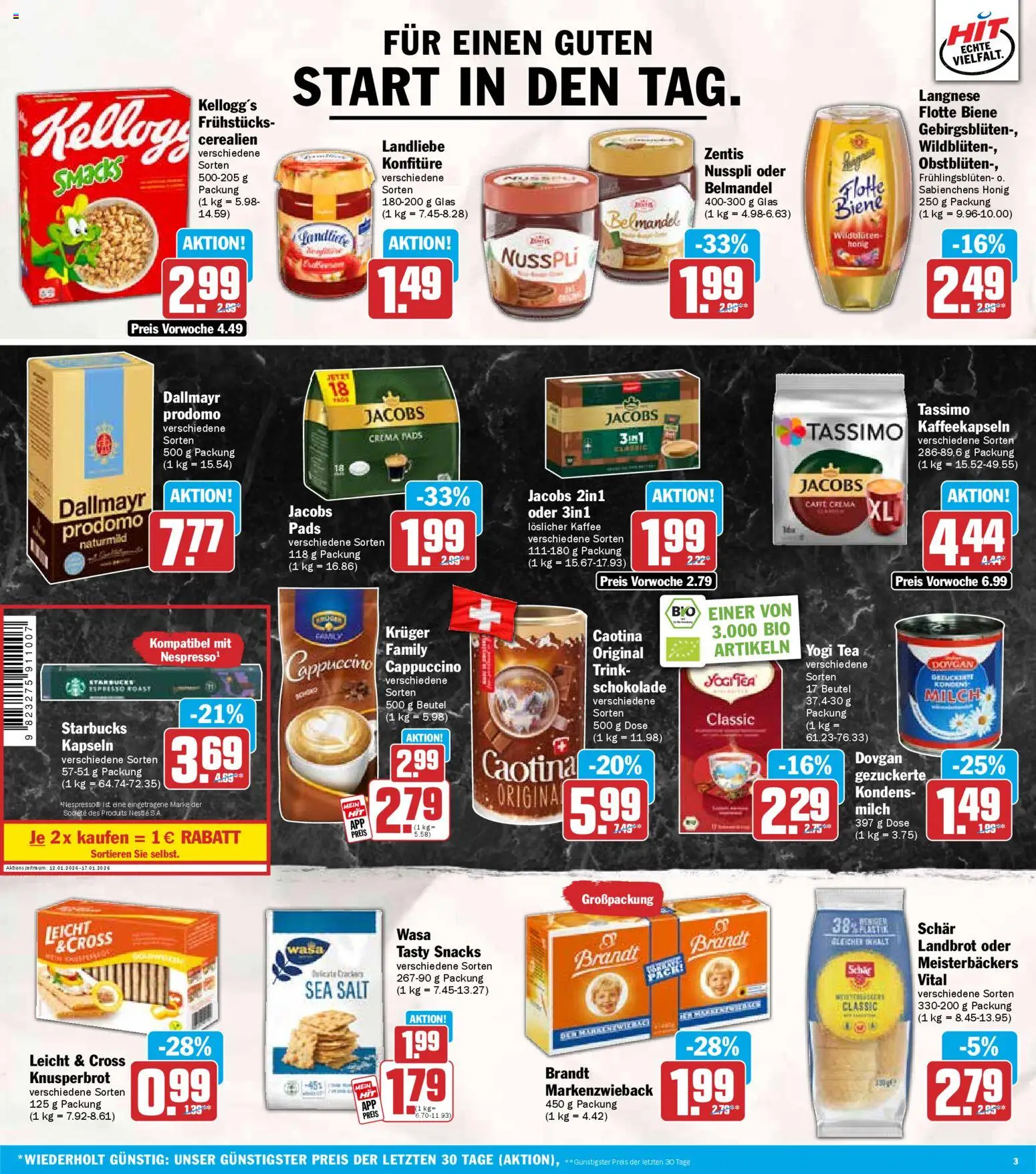 HIT Baden-Württemberg – gültig ab 12.01.2026 | Seite: 3 | Produkte: Langnese, Starbucks, Kellogg's, Dallmayr prodomo