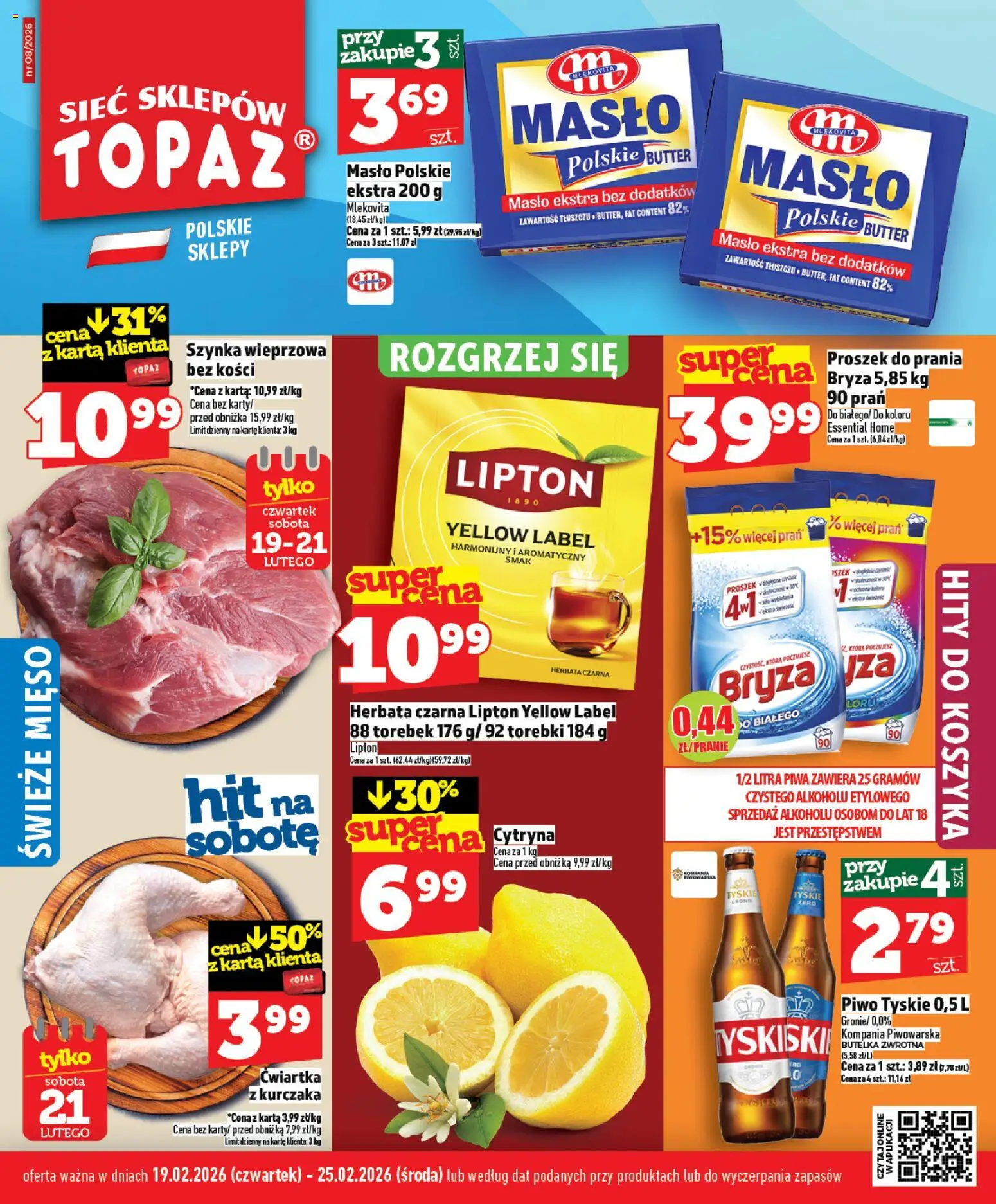 Topaz Gazetka MAZ od 19.02.2026 | Strona: 1 | Produkty: Karta, Mięso, Masło, Herbata