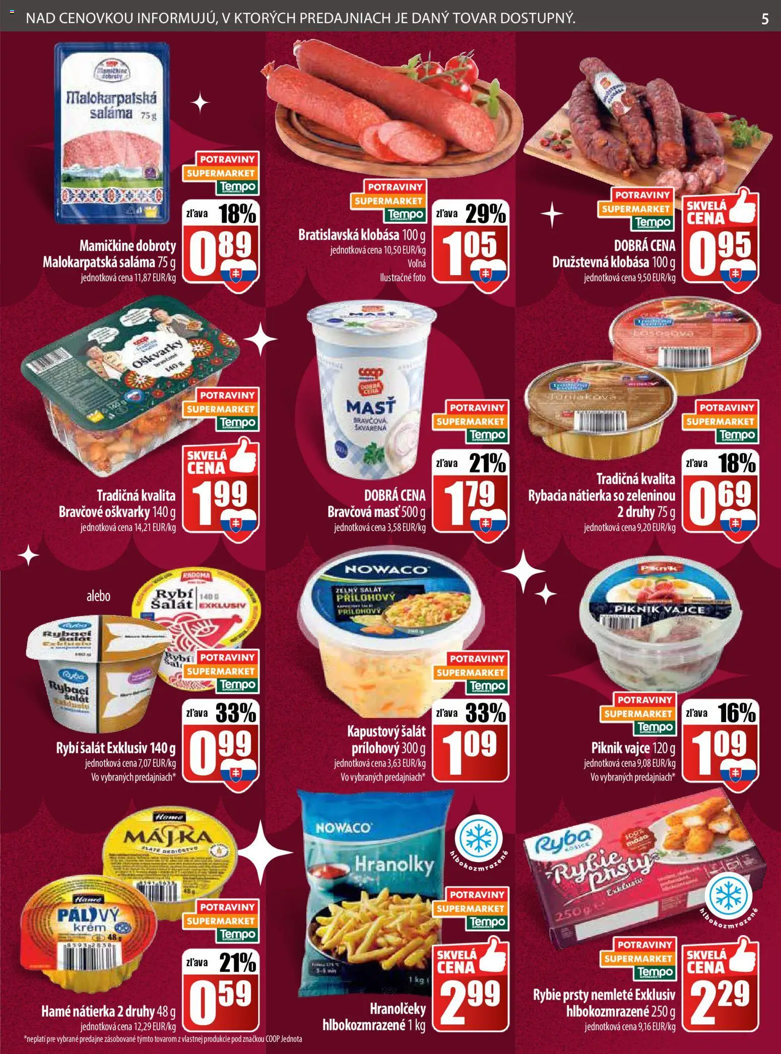 Nové COOP Jednota akcie – leták je platný od 22.12.2025 | Strana: 5 | Produkty: Saláma, Klobása, Ryba, Šalát