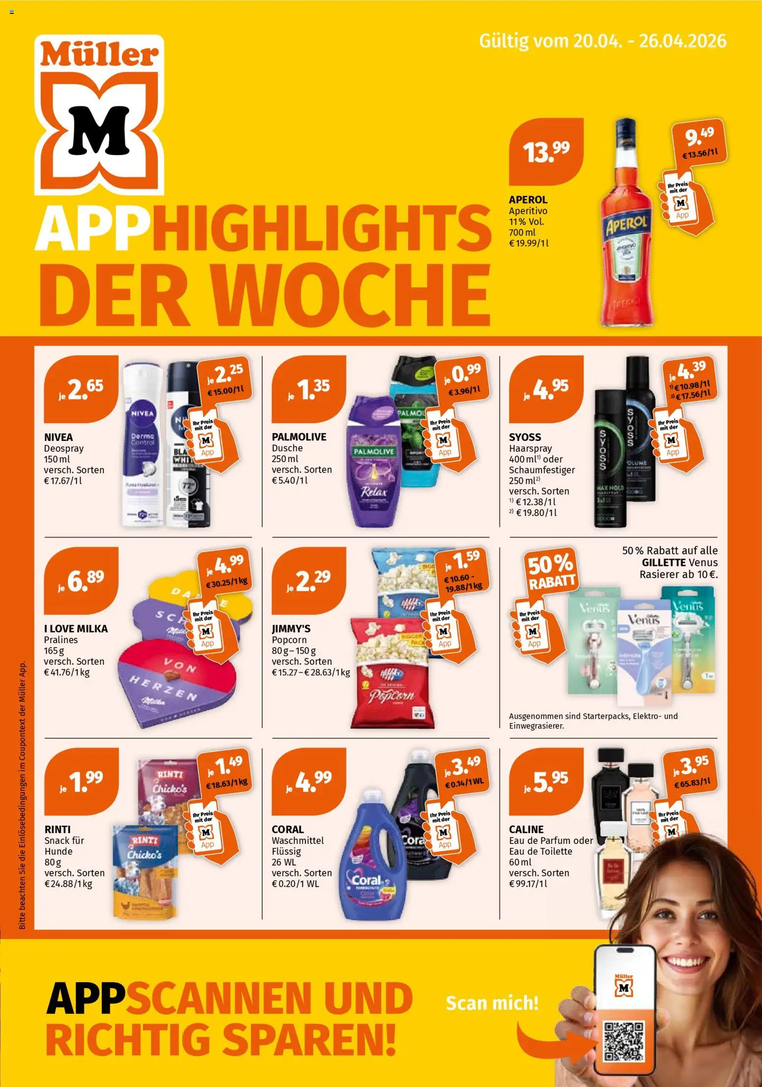Müller Prospekt 	 – gültig ab 20.04.2026 | Seite: 1 | Produkte: Rasierer, Toilette, Milka, Aperol