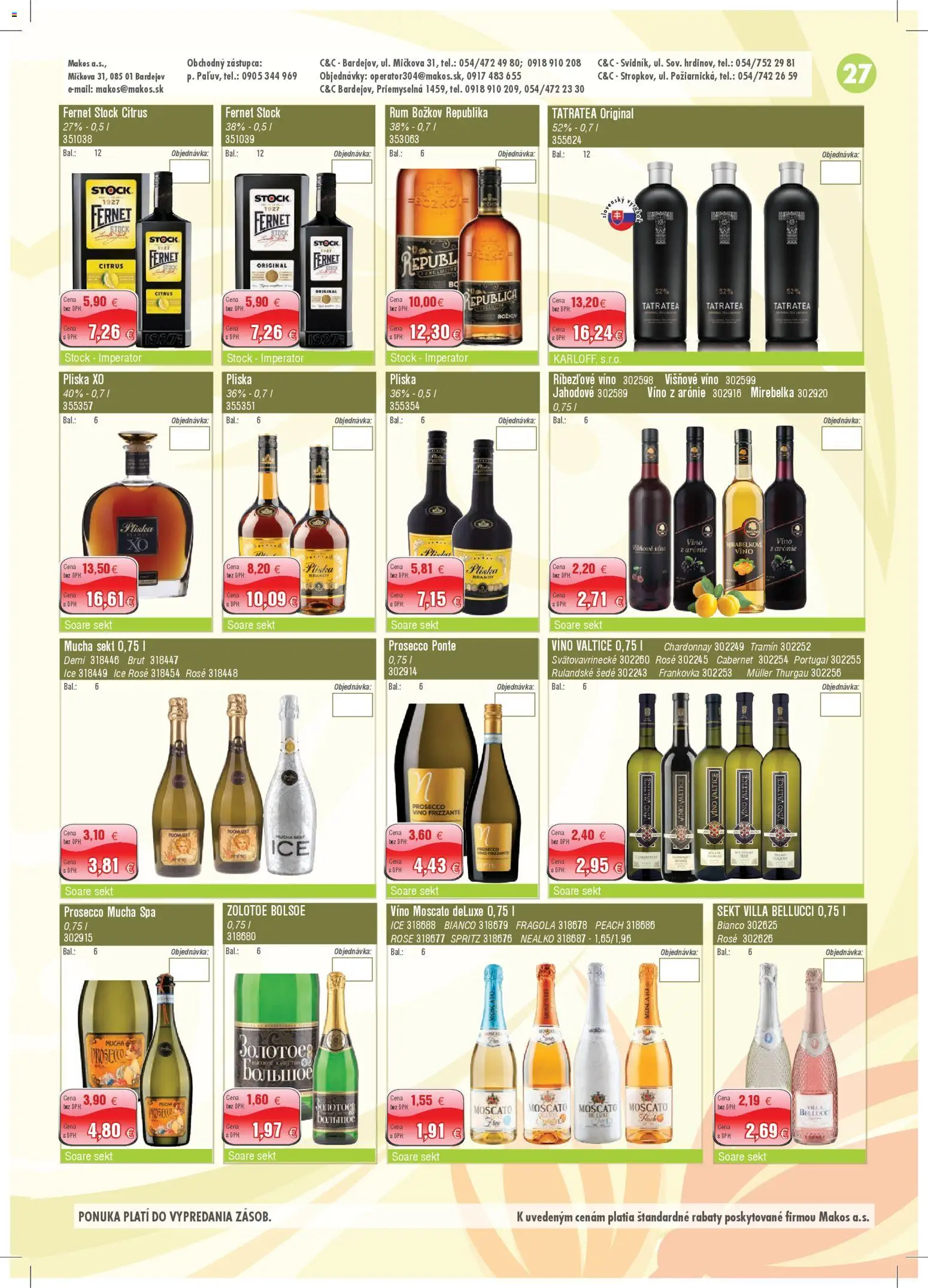 Nové Makos akcie – leták je platný od 03.11.2025 | Strana: 27 | Produkty: Víno, Prosecco, Brandy, Fernet Stock