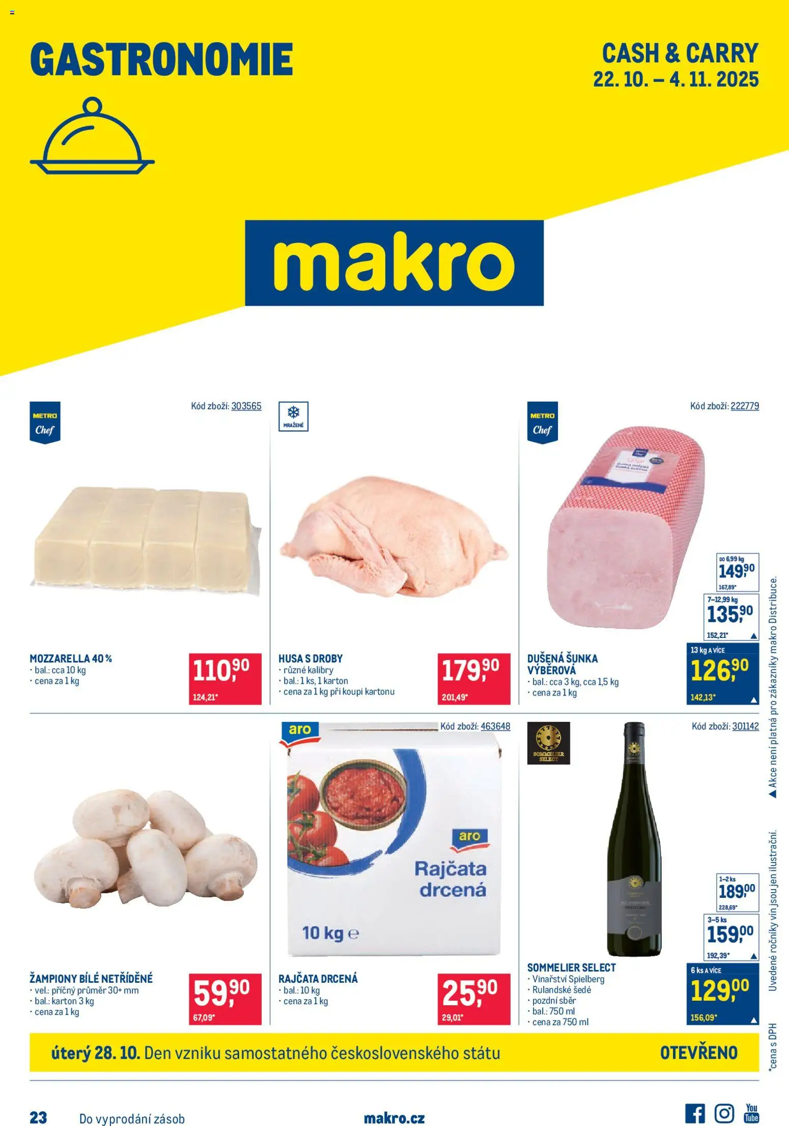 Makro leták - Gastronomie od 22.10.2025 | Strana: 1 | Produkty: Žampiony, Šunka, Rajčata, Husa