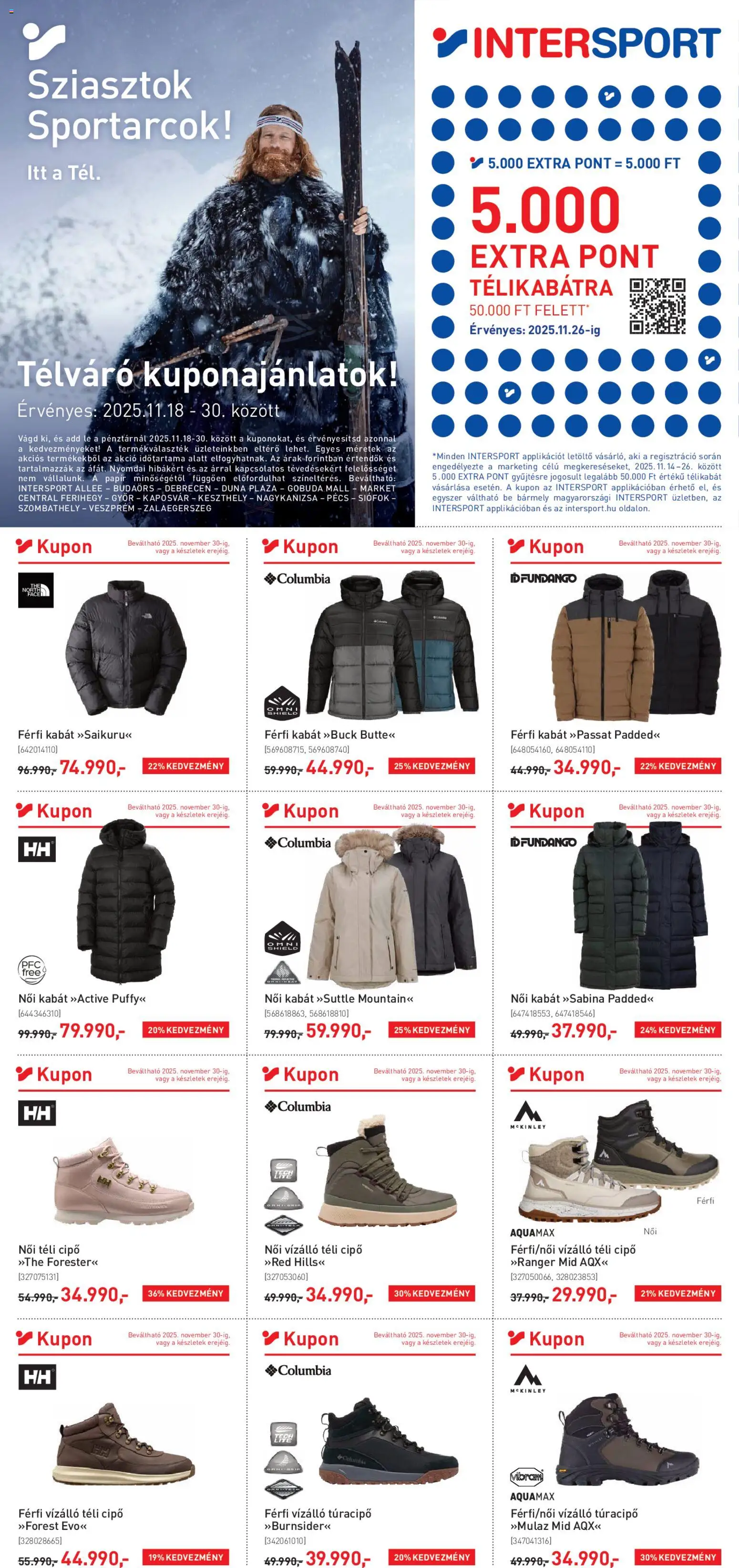 Intersport akciós ujság - amely érvényes a következő dátumtól: 18.11.2025 | Oldal: 1 | Termékek: Télikabát, Túracipő, Női kabát, Kabát
