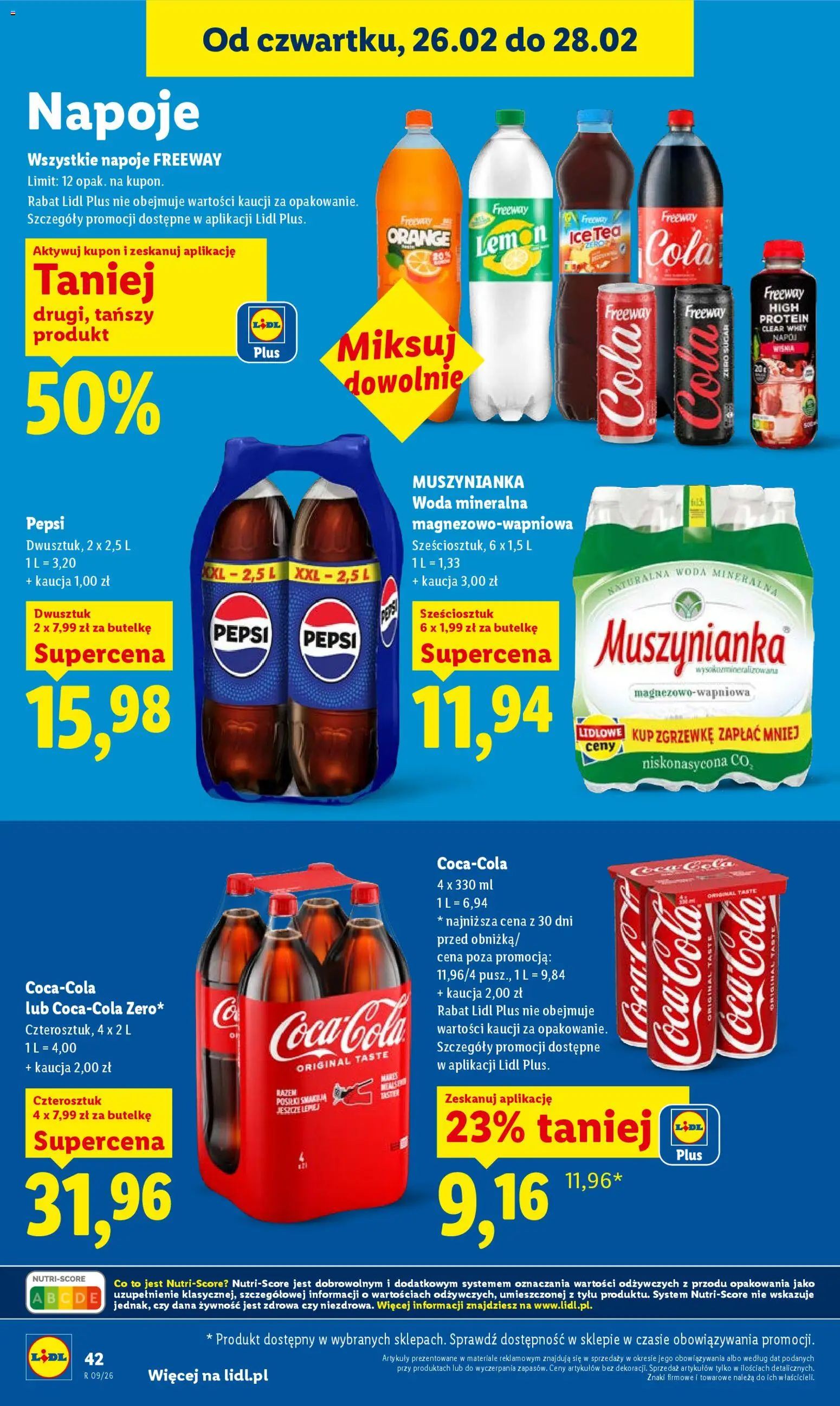 Lidl Gazetka od 26.02.2026 | Strona: 42 | Produkty: Napoje, Muszynianka, Coca cola, Woda