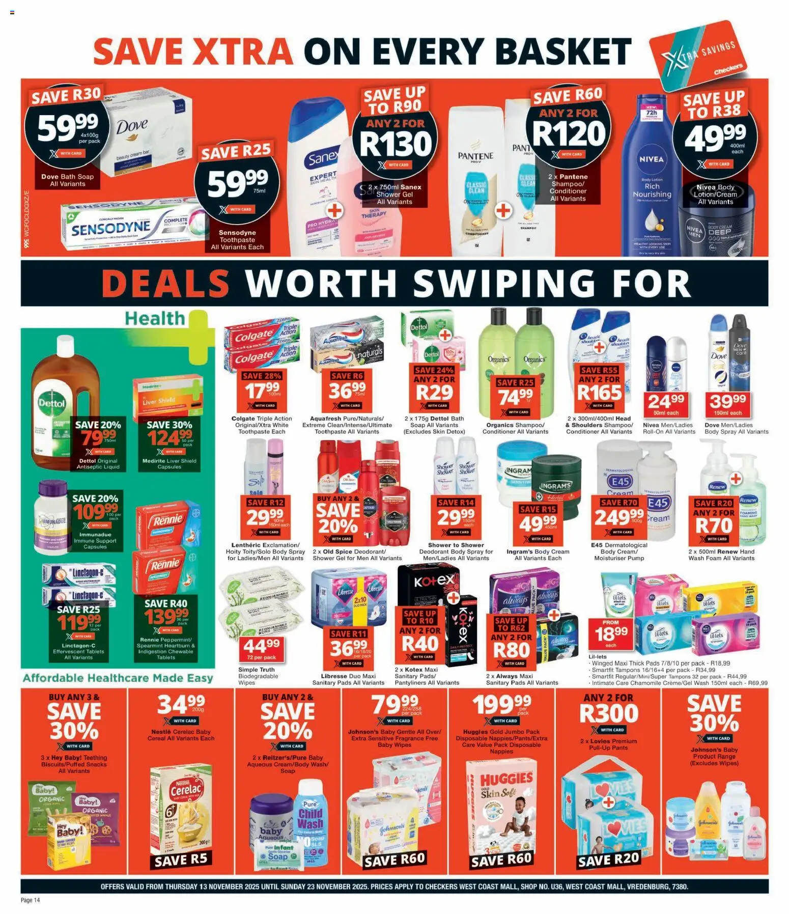New Checkers catalogue – valid from 13.11.2025 | Page: 14 | Products: Pants, Bath, Shower, Conditioner