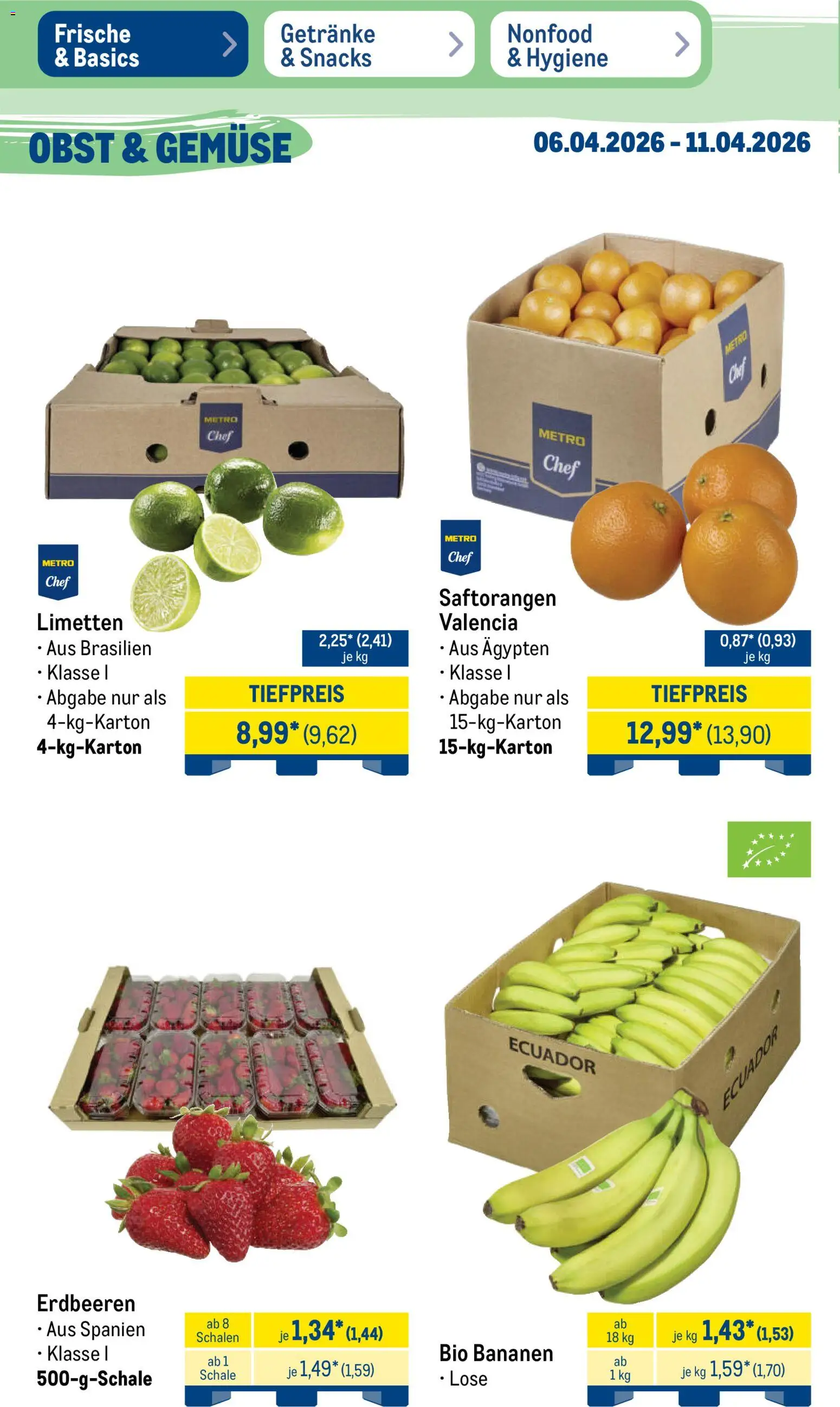 Metro Prospekt 	 – gültig ab 06.04.2026 | Seite: 10 | Produkte: Limetten, Bananen, Obst, Erdbeeren