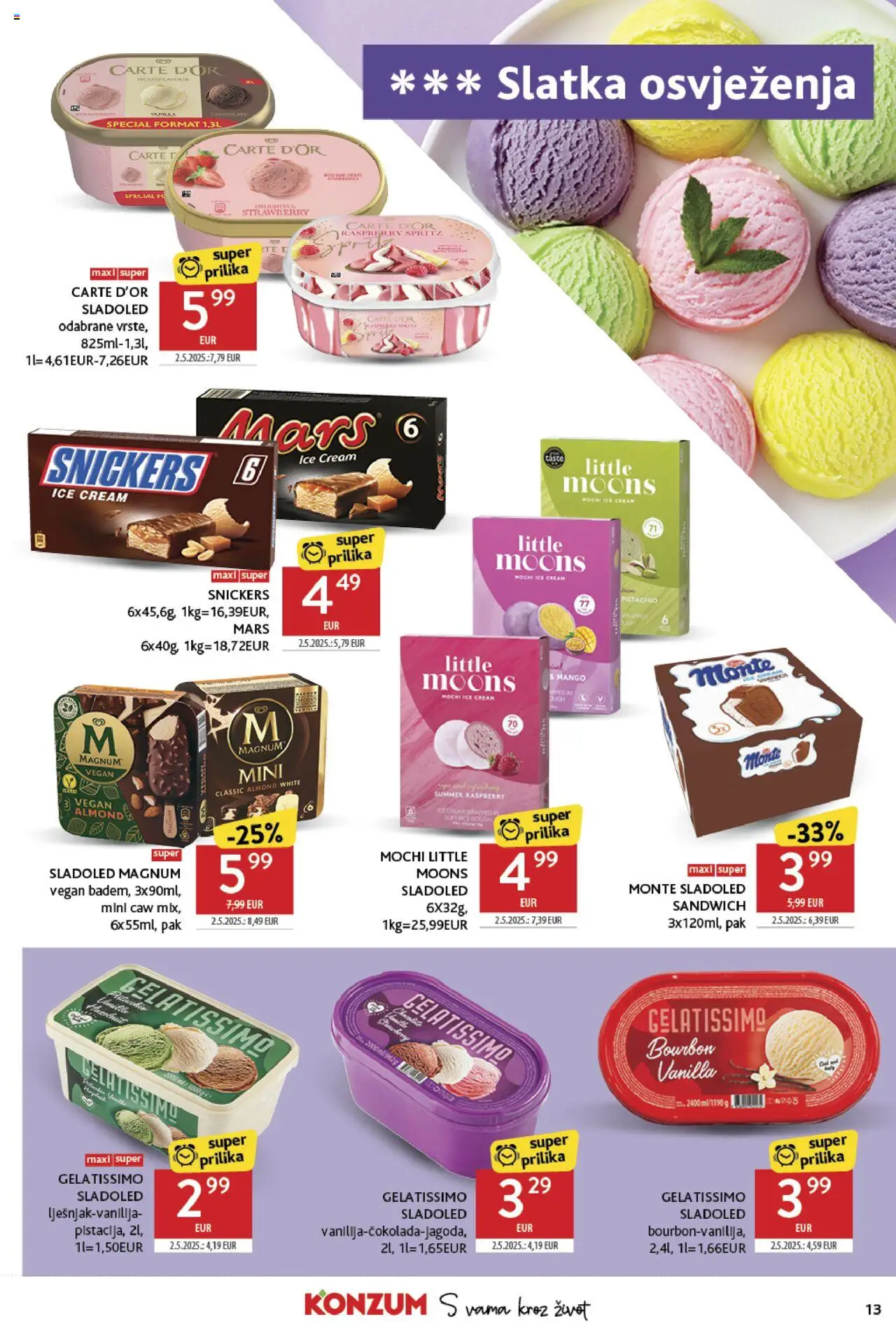 Konzum katalog | vrijedi od 25.06.2025 | Stranica: 13 | Proizvodi: Snickers, Sladoled, Mango, Badem