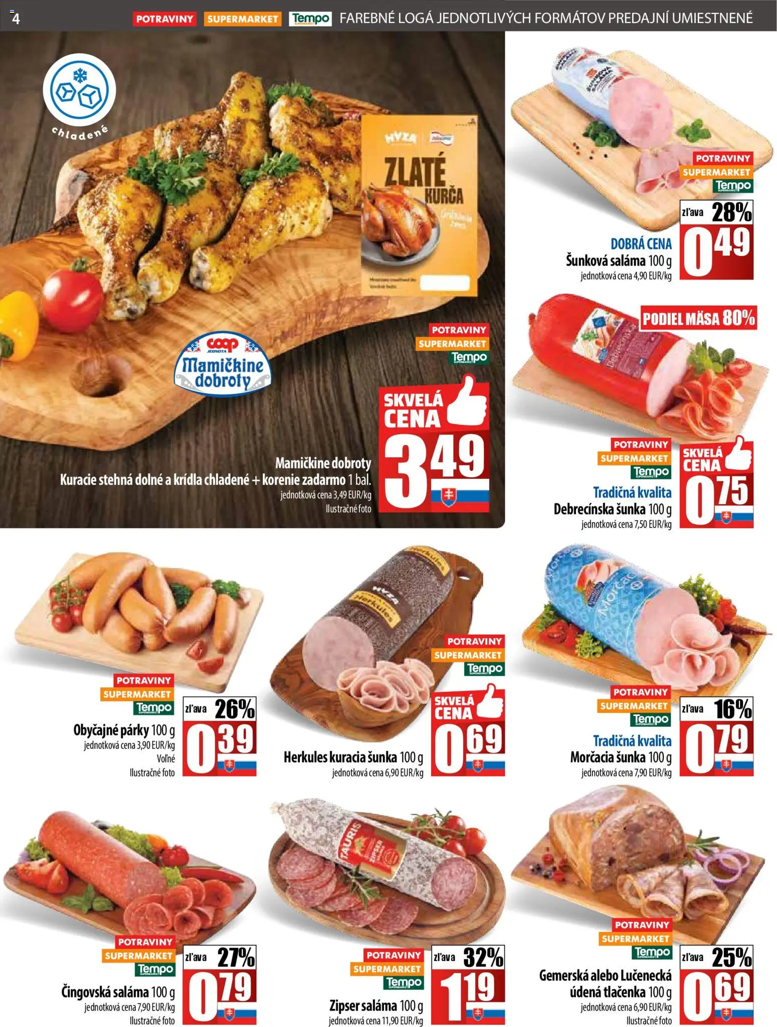 Nové COOP Jednota akcie – leták je platný od 13.11.2025 | Strana: 4 | Produkty: Šunka, Kuracie stehná, Korenie, Párky