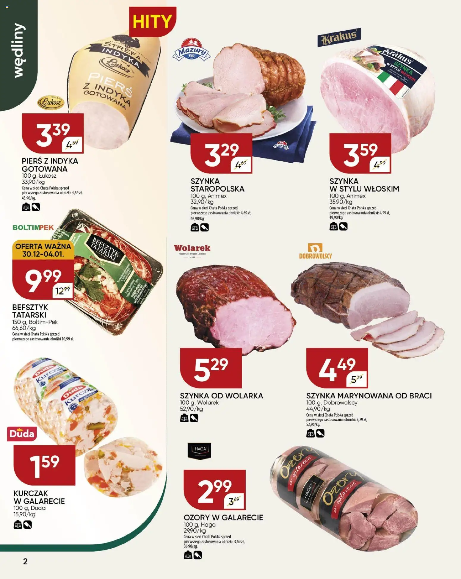Chata Polska Gazetka od 29.12.2025 | Strona: 2 | Produkty: Kurczak, Mięso, Szynka, Wędliny
