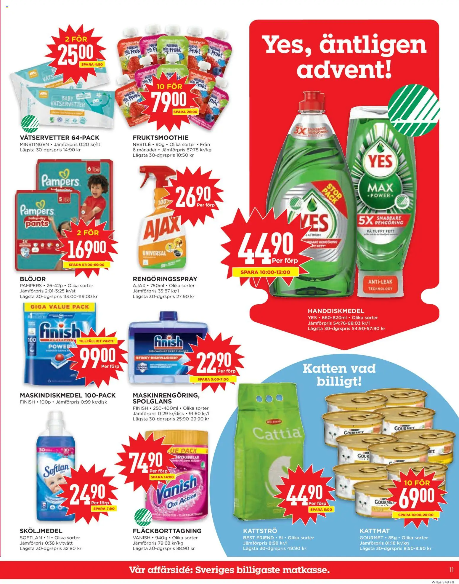 Willys reklamblad aktuell från 24.11.2025 | Sida: 11 | Produkter: Sköljmedel, Rengöringsspray, Kattmat, Blöjor