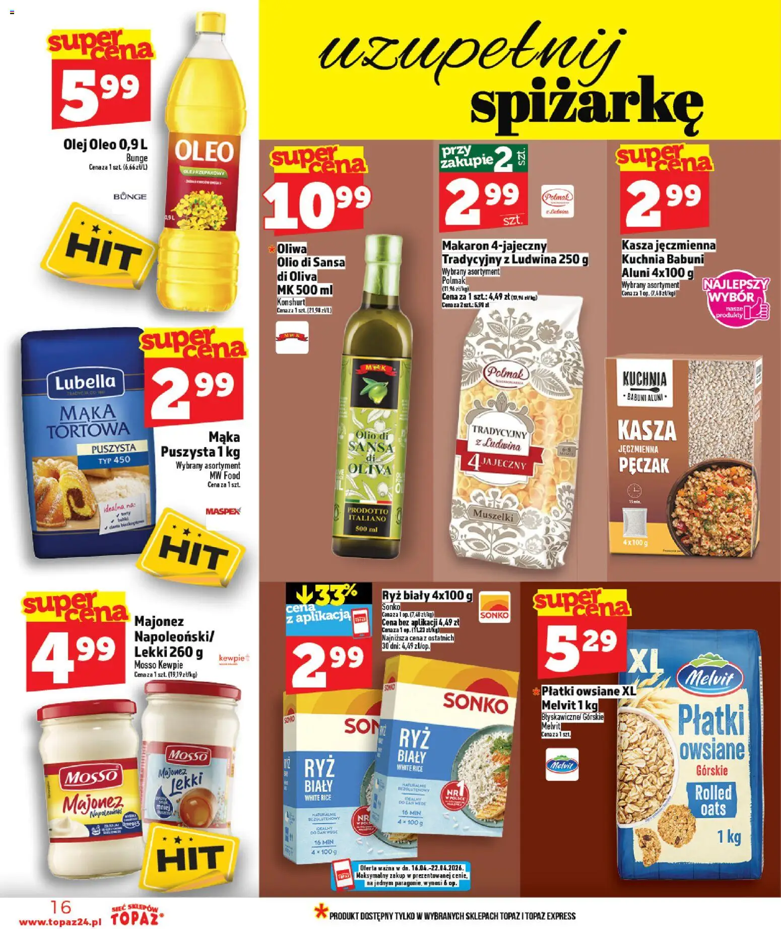 Topaz gazetka - MAZ od 16.04.2026 | Strona: 16 | Produkty: Płatki owsiane, Ryż, Płatki, Majonez