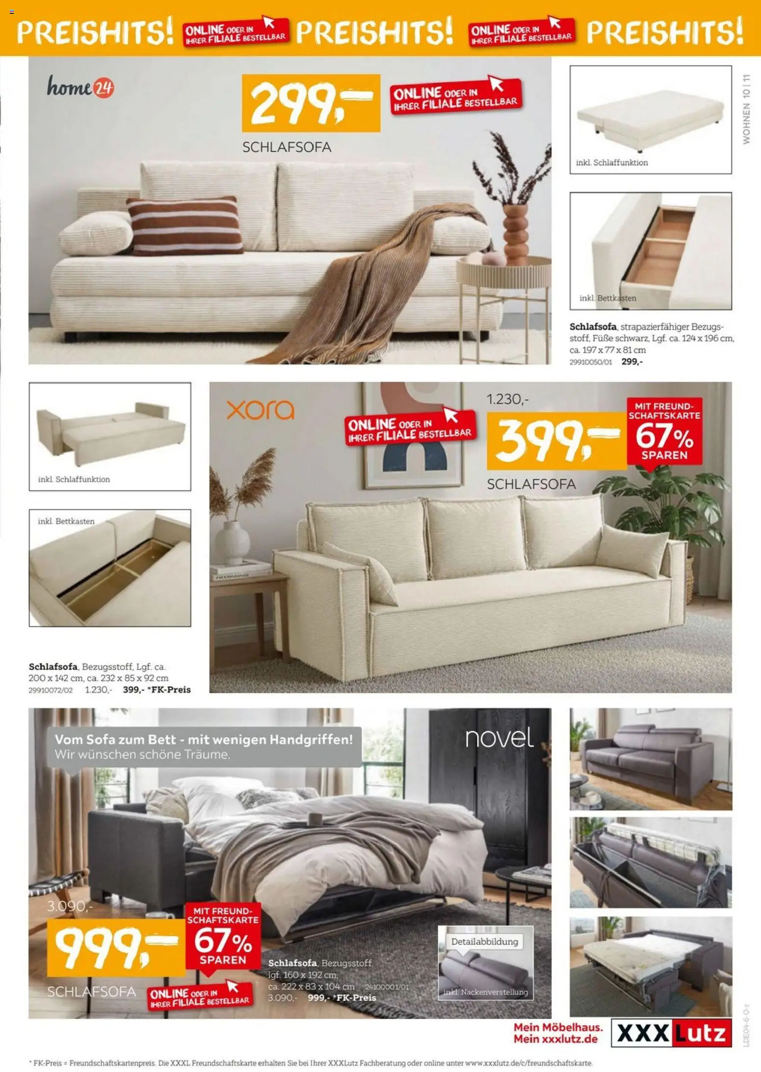 XXXLutz Wohnen Preishits – gültig ab 04.04.2026 | Seite: 11 | Produkte: Schlafsofa, Bett, Sofa