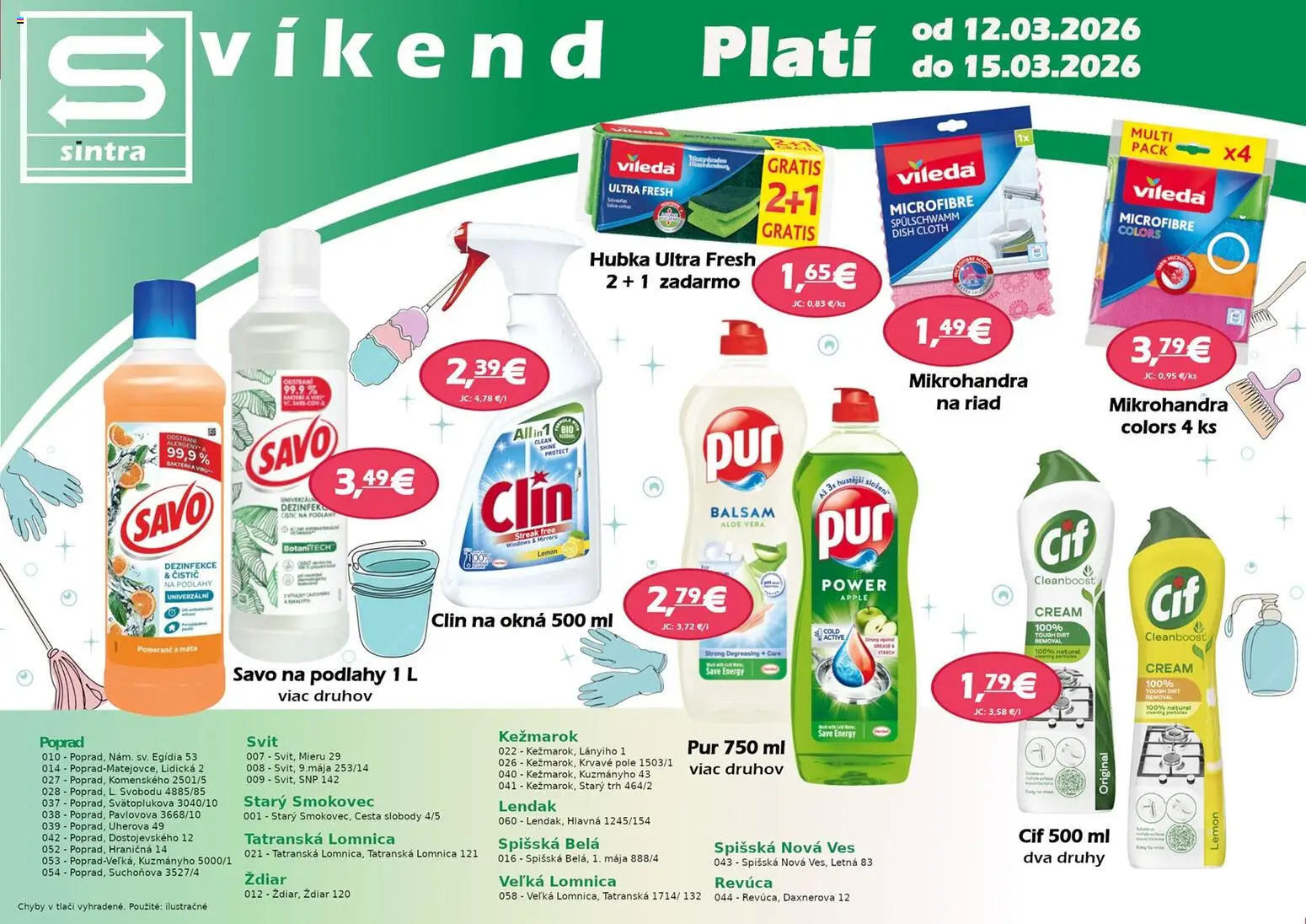 Nové Sintra akcie – leták je platný od 12.03.2026 | Strana: 1 | Produkty: Savo, Apple, Hubka, Cif