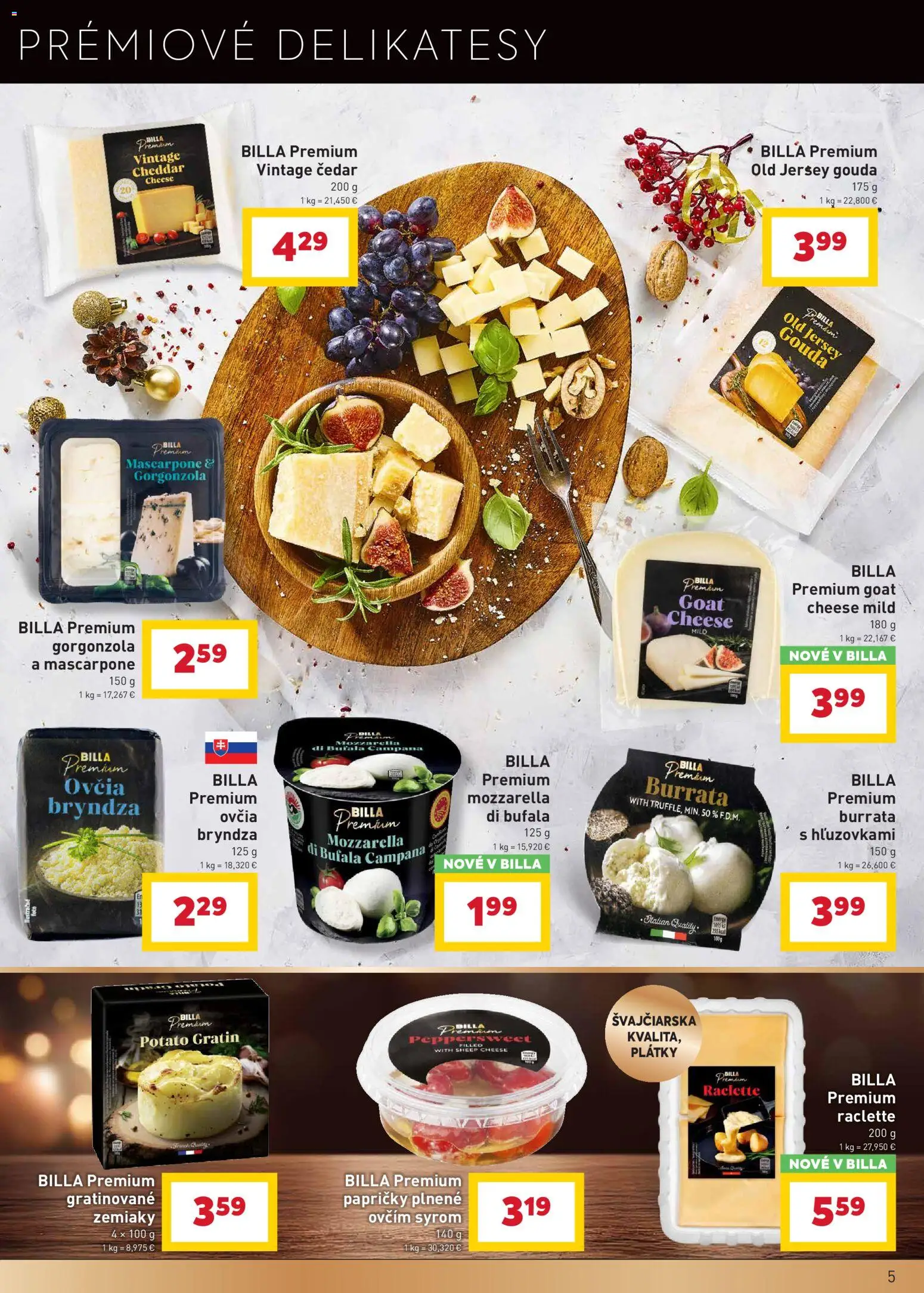 Nové Billa akcie – leták je platný od 17.12.2025 | Strana: 5 | Produkty: Gouda, Mozzarella, Zemiaky, Mascarpone