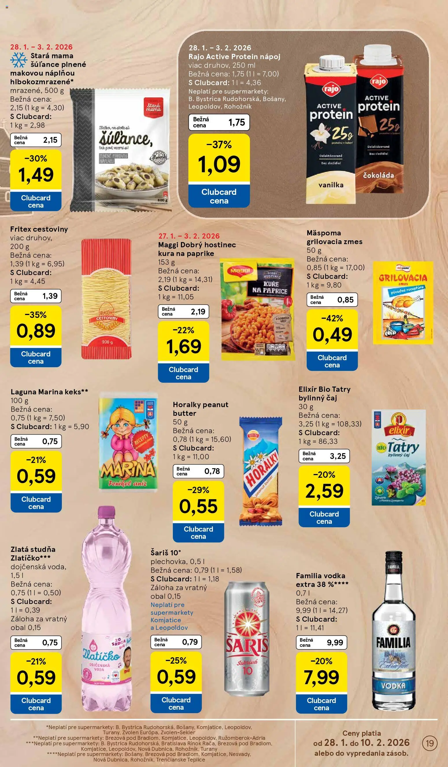 Nové Tesco akcie – leták je platný od 28.01.2026 | Strana: 19 | Produkty: Protein, Čokoláda, Šariš, Vodka