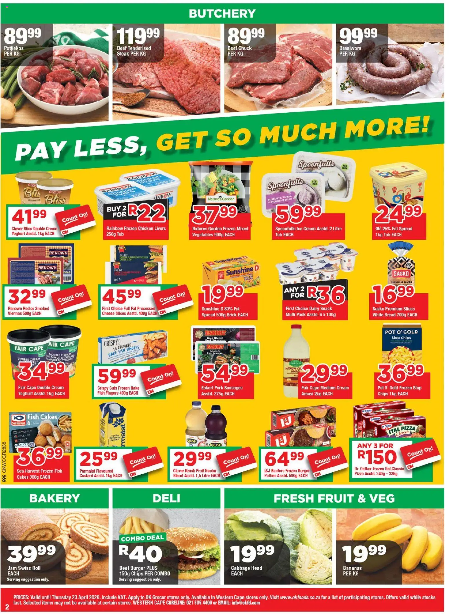 New OK Foods catalogue – valid from 15.04.2026 | Page: 2 | Products: Yoghurt, Steak, Fish, Chips