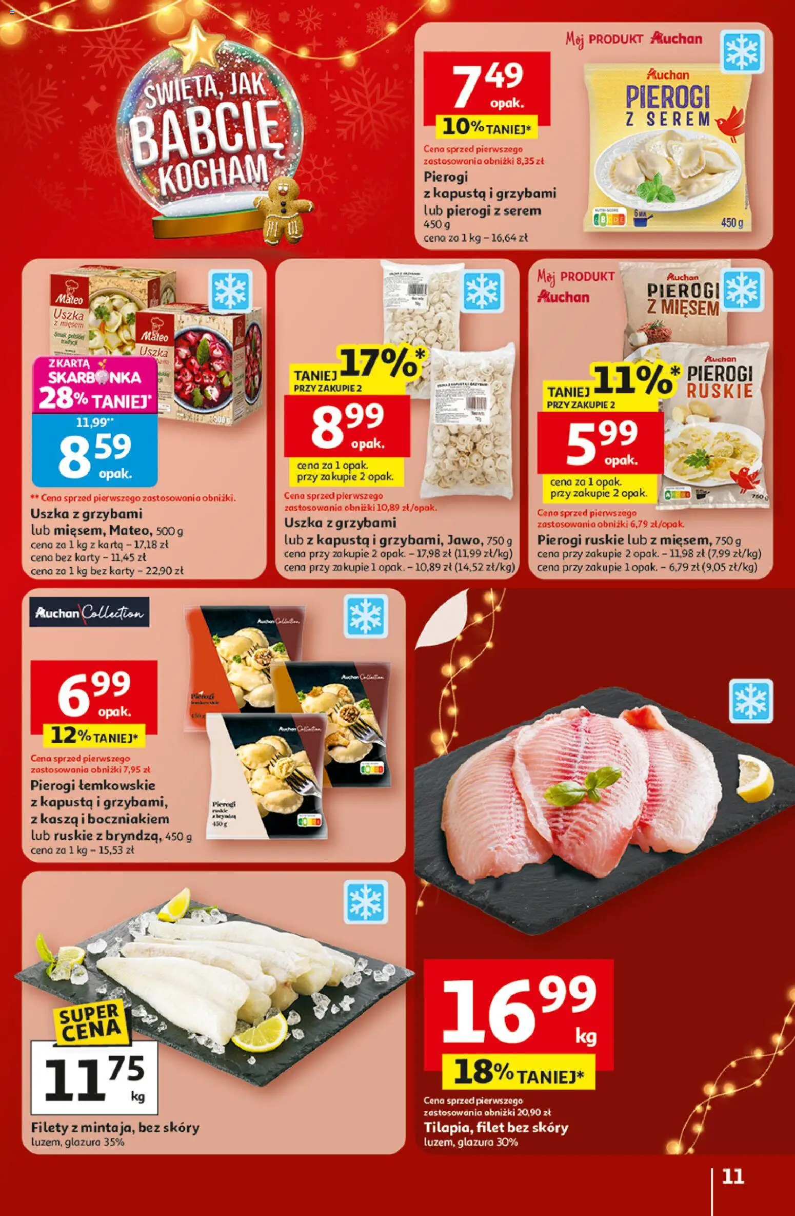 Auchan Gazetka - Święta jak babcię kocham Hipermarket od 18.12.2025 | Strona: 11 | Produkty: Karta, Pierogi, Pierogi z kapusta i grzybami, Uszka z grzybami