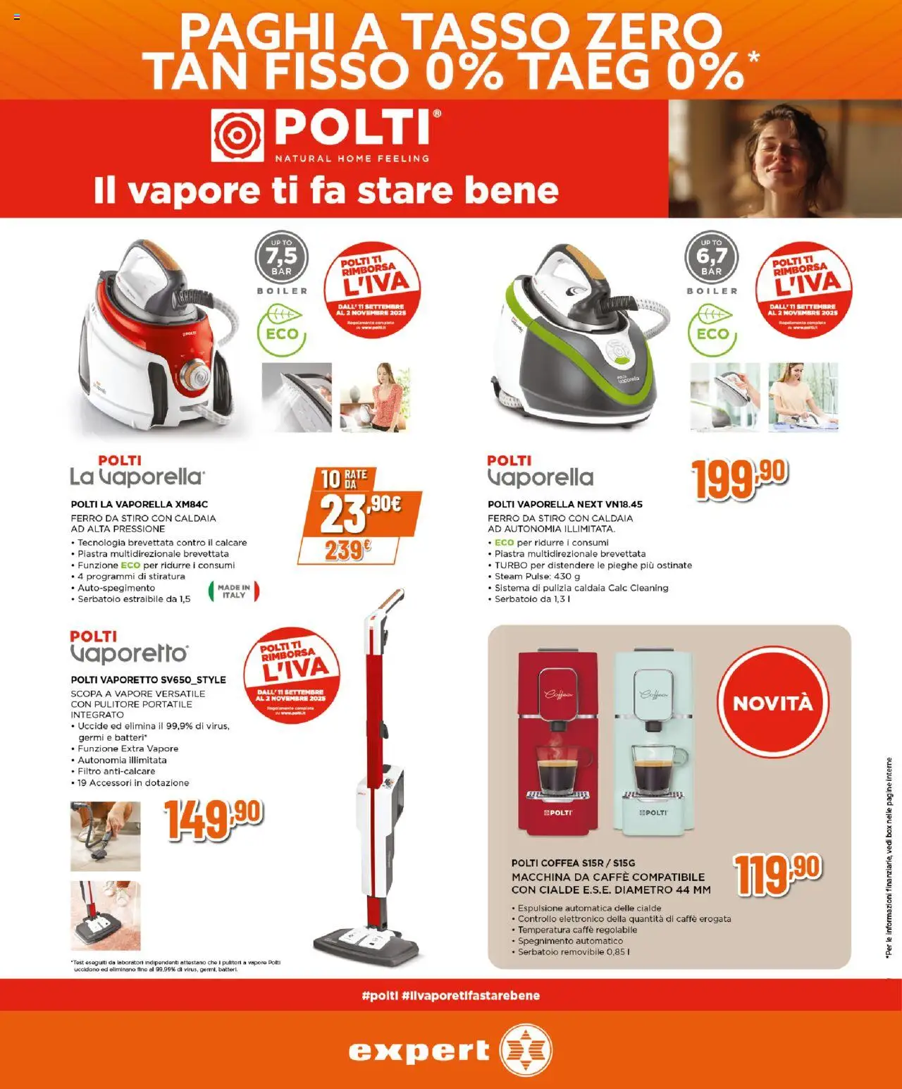 Volantino Expert del 25.09.2025 | Pagina: 17 | Prodotti: Vaporetto, Macchina da caffe, Caffè, Scopa