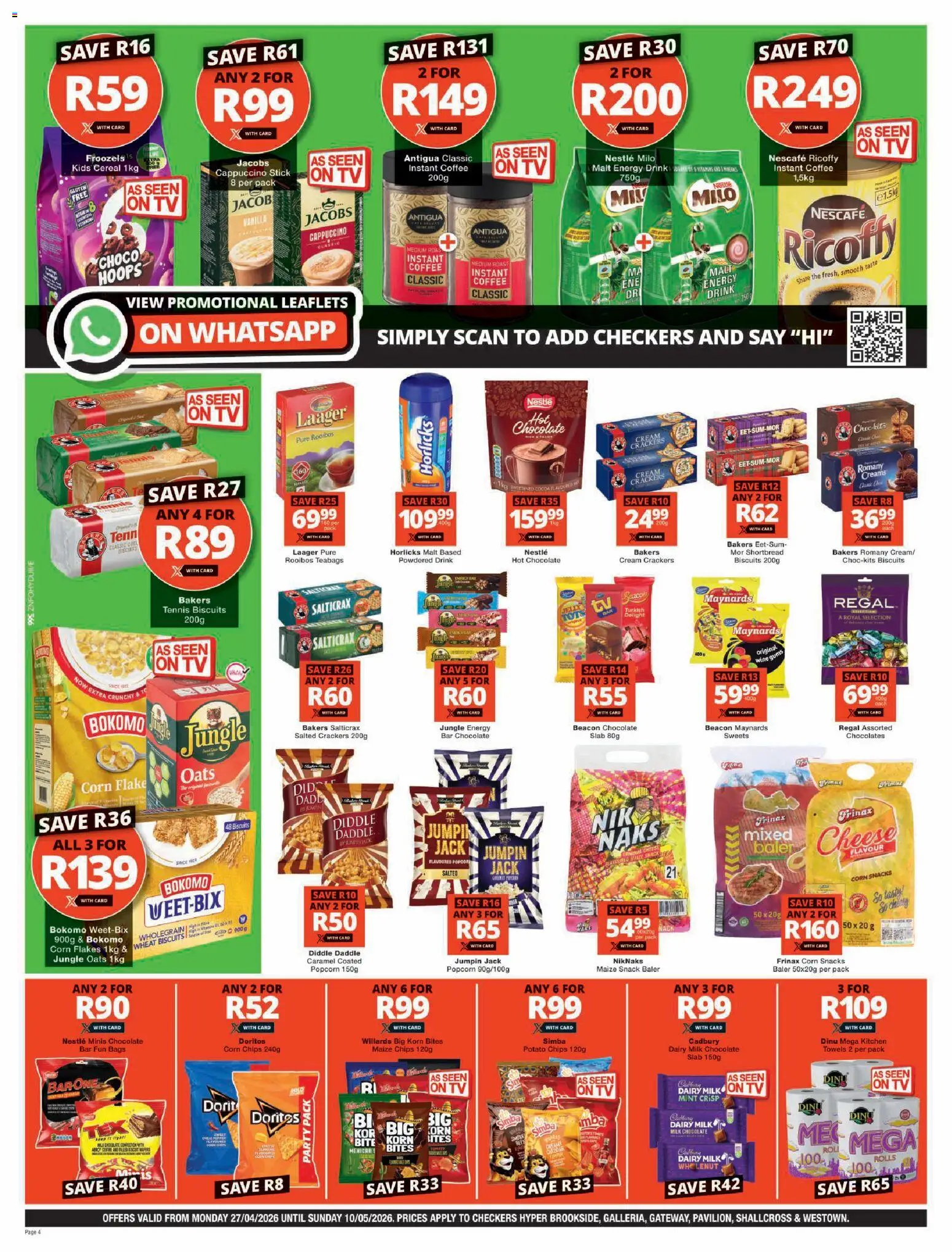 New Checkers catalogue – valid from 27.04.2026 | Page: 4 | Products: Hot chocolate, Wine, Cream, Flakes