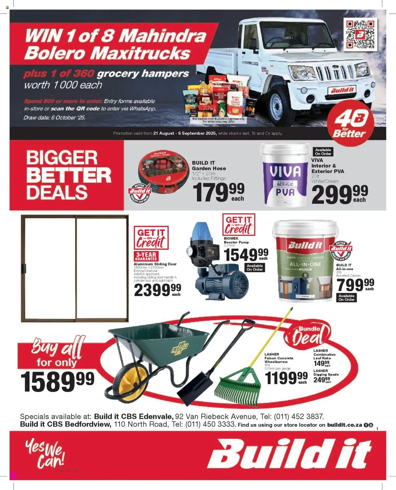 Build It - Gauteng - Weekly Specials │ valid from 21.08.2025 | Page: 1 | Products: Cake, Wheelbarrow, Spade, Garden hose