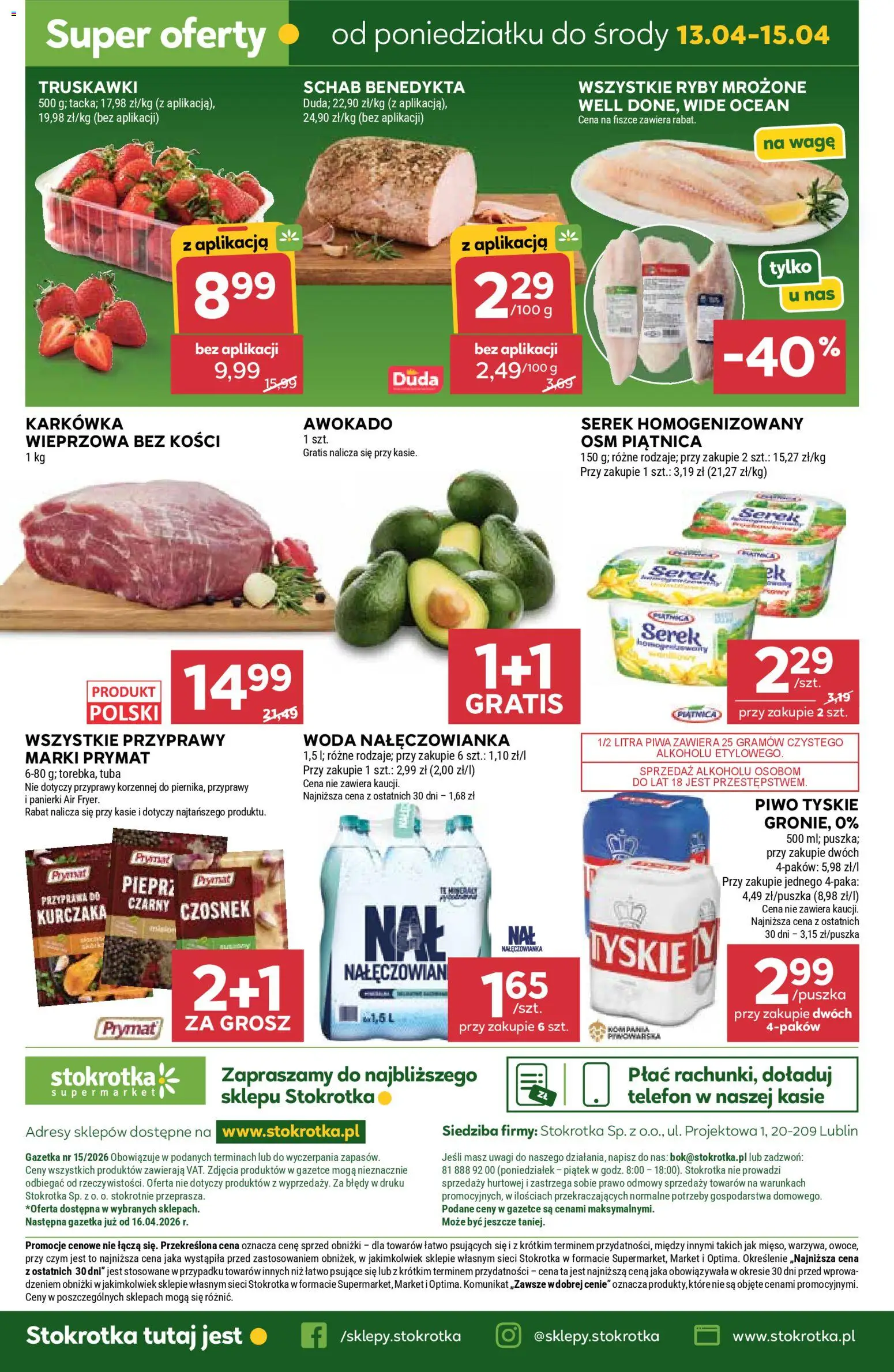 Stokrotka gazetka od 09.04.2026 | Strona: 40 | Produkty: Karkówka, Serek, Piwo, Przyprawy