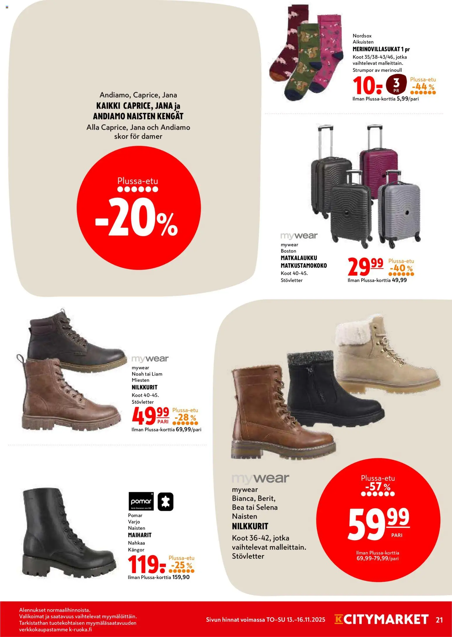 K-Citymarket tarjoukset – voimassa 13.11.2025 alkaen | Sivu: 21 | Tuotteet: Nilkkurit, Matkalaukku