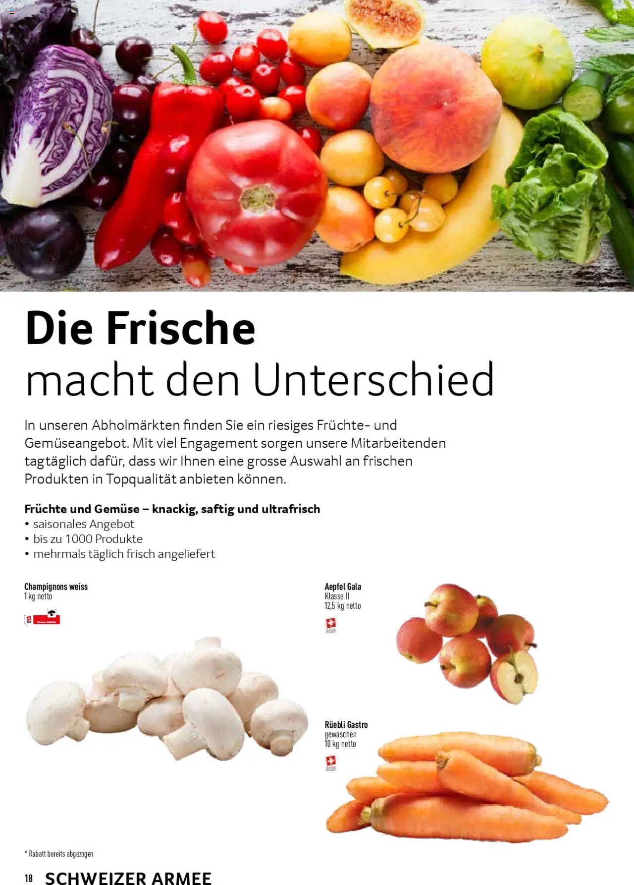 Prodega Aktionen Schweizer Armee ab 15.04.2025 | Seite: 18 | Produkte: Champignons, Gemüse, Früchte
