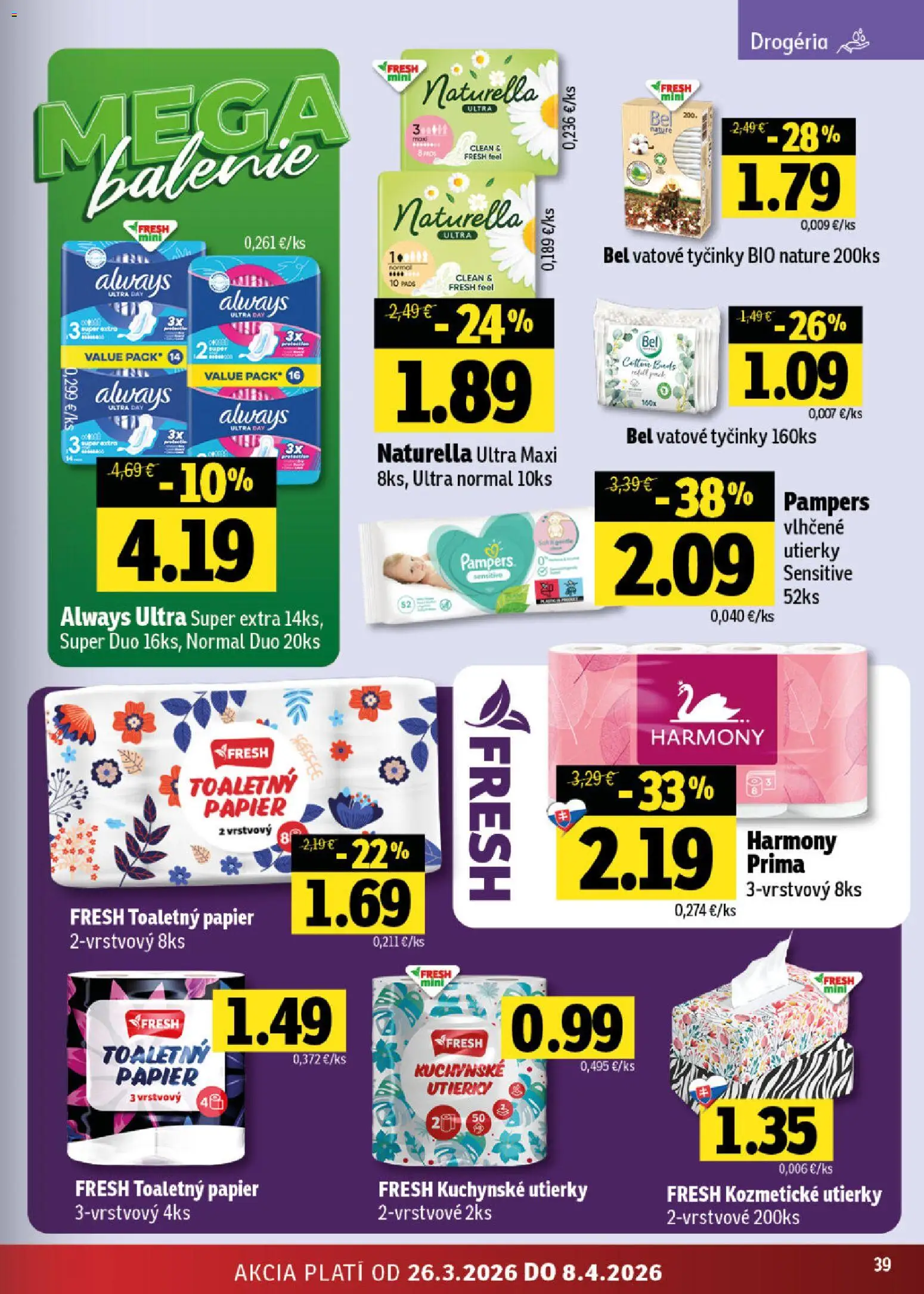 Nové Fresh akcie – leták je platný od 26.03.2026 | Strana: 39 | Produkty: Toaletný papier, Pampers