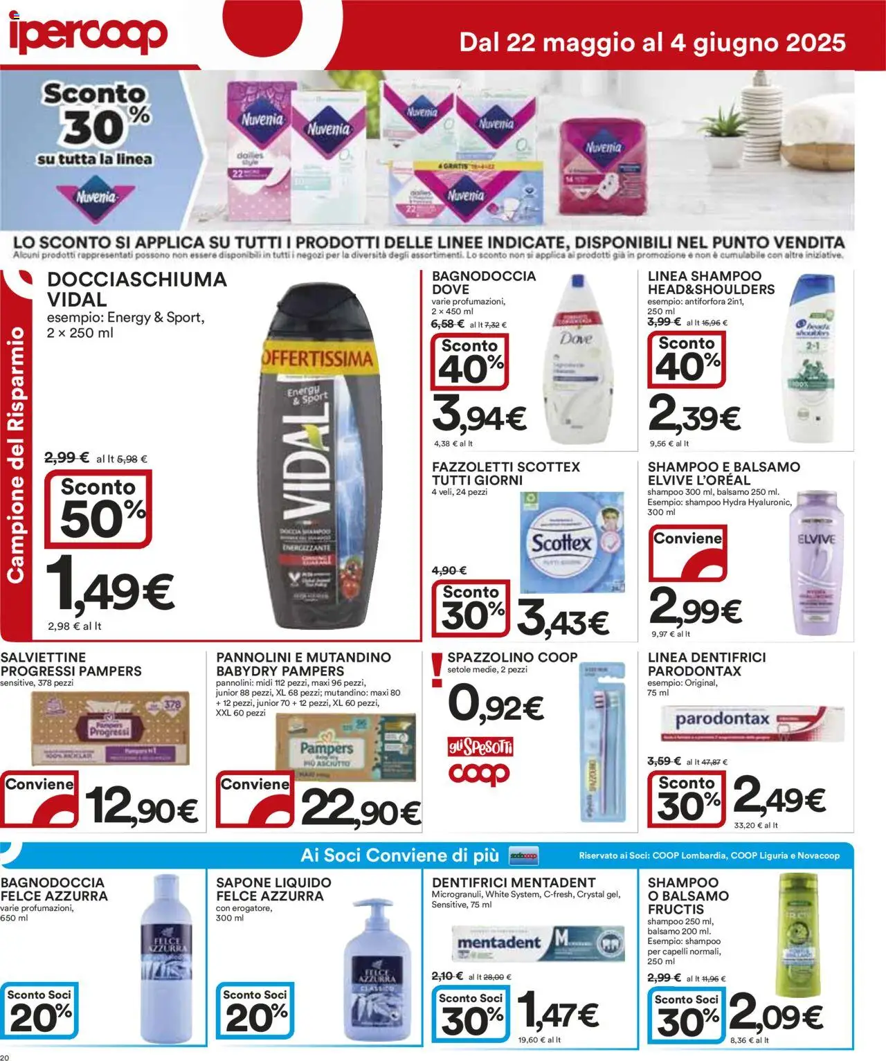 Volantino Ipercoop del 22.05.2025 | Pagina: 20 | Prodotti: Shampoo, Sapone, Fazzoletti, Pampers