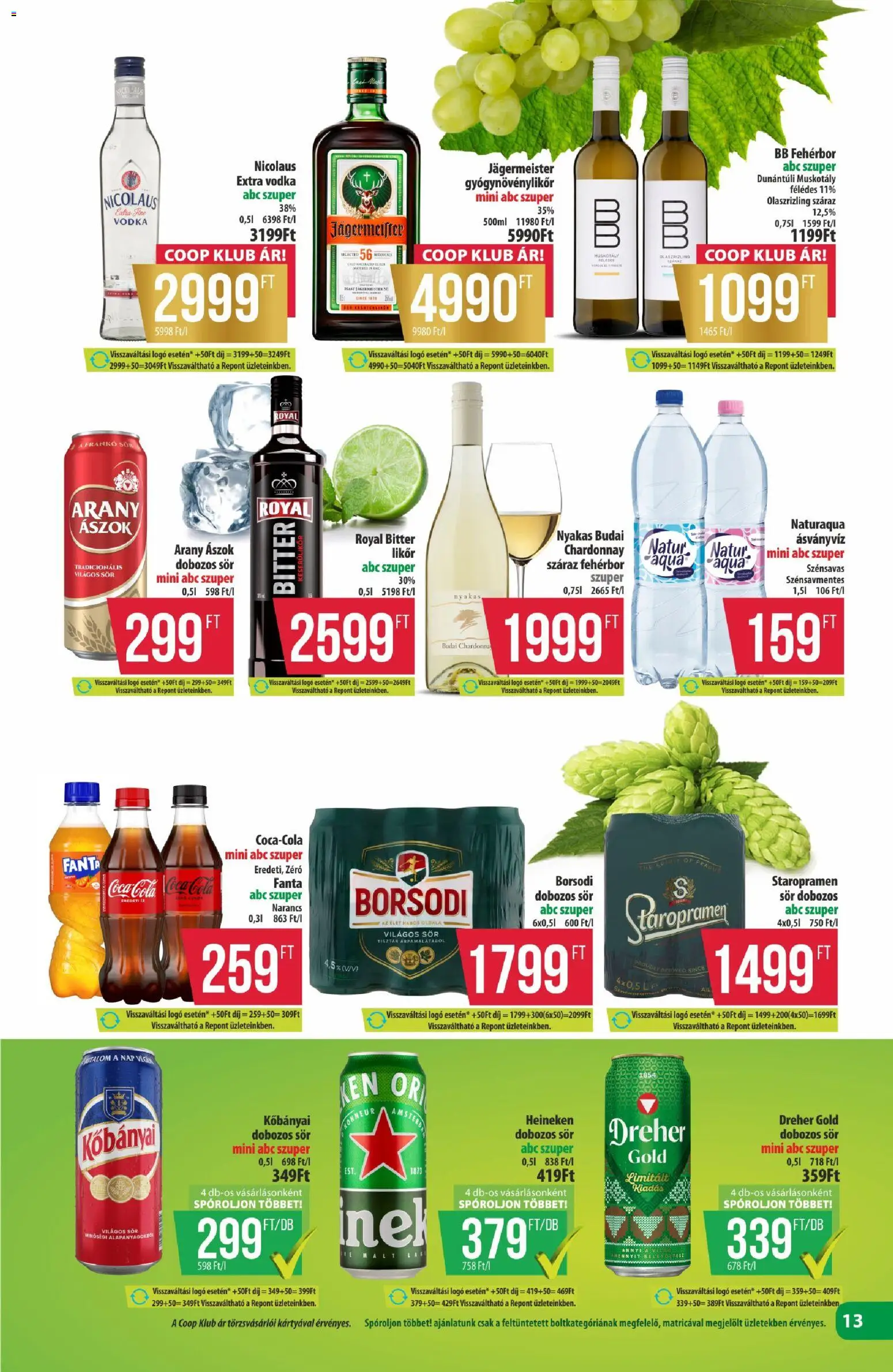 COOP akciós ujság - amely érvényes a következő dátumtól: 13.11.2025 | Oldal: 13 | Termékek: Jägermeister, Coca Cola, Cola, Narancs