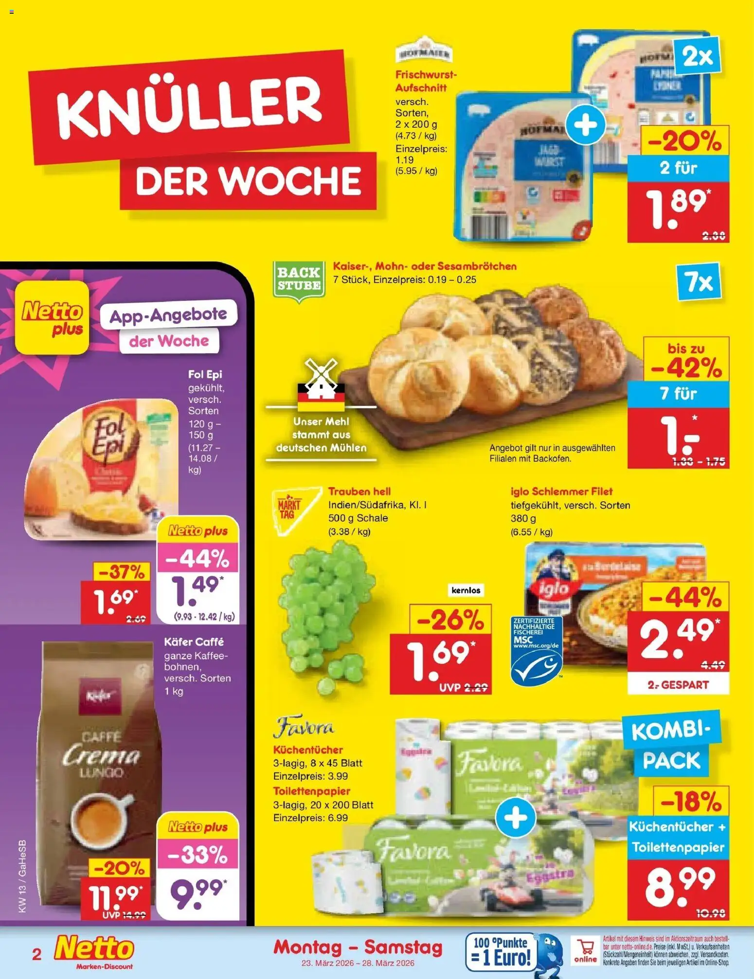 Netto Marken-Discount Prospekt Kröpelin	 – gültig ab 23.03.2026 | Seite: 2 | Produkte: Trauben, Kaffee, Iglo, Toilettenpapier