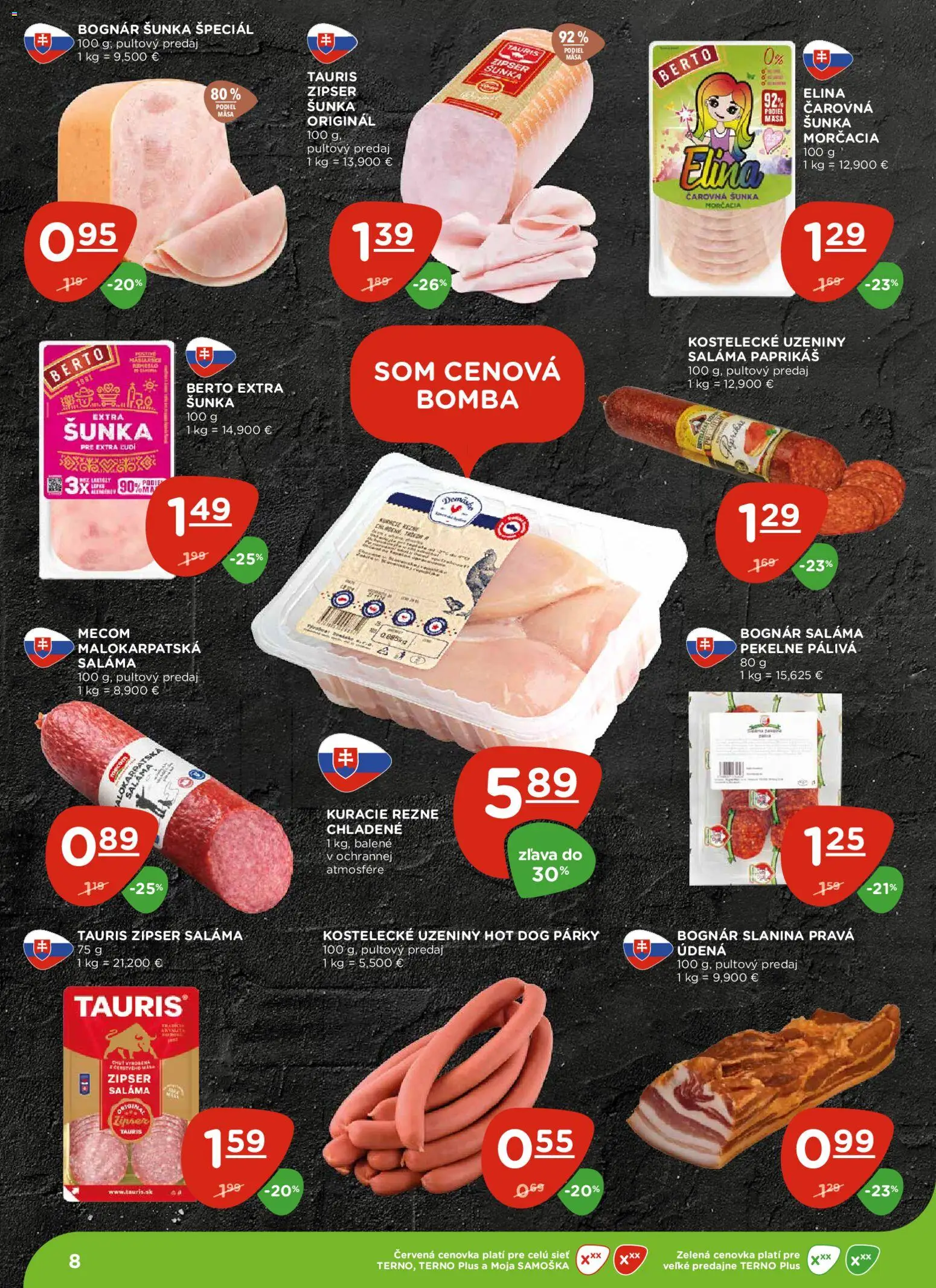 Nové Terno akcie – leták je platný od 04.12.2025 | Strana: 8 | Produkty: Saláma, Šunka, Slanina, Kuracie rezne