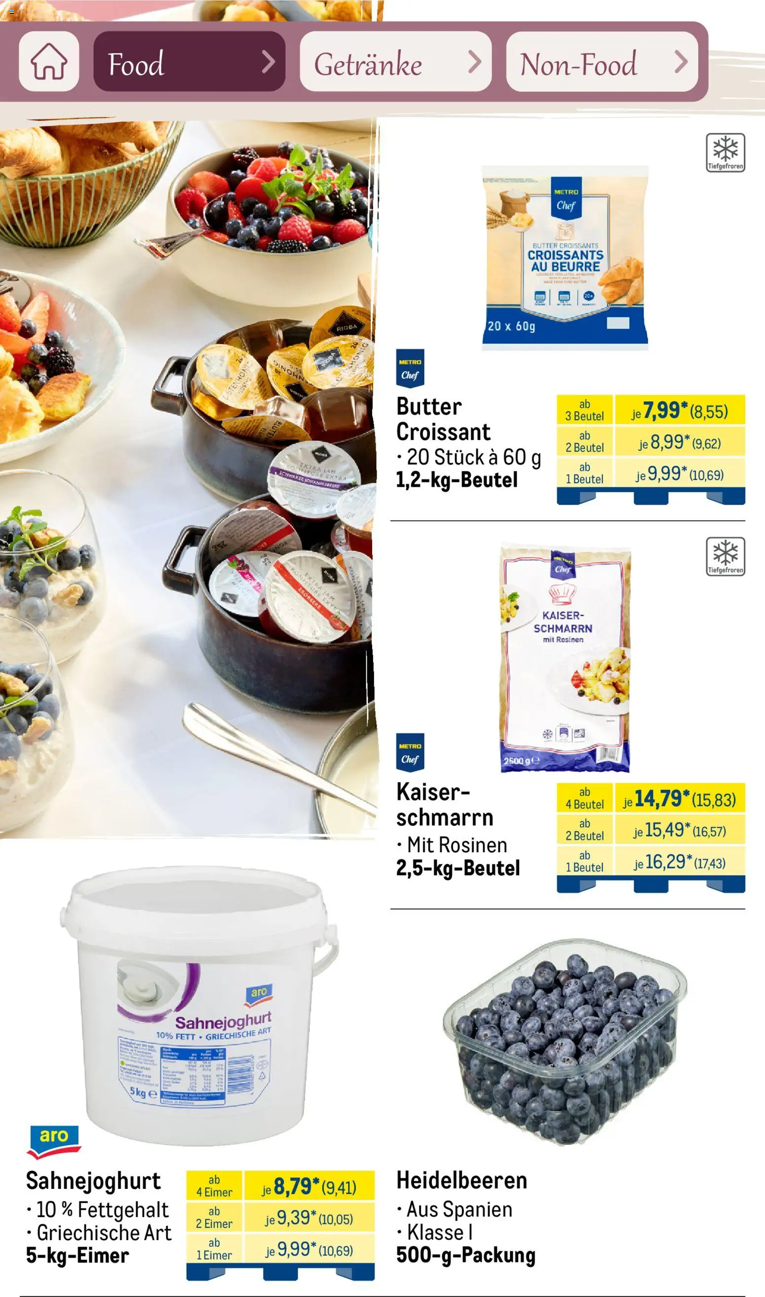 Metro Saisonkatalog Frühlingsgenuss – gültig ab 01.03.2026 | Seite: 8 | Produkte: Butter, Croissant, Heidelbeeren, Rosinen