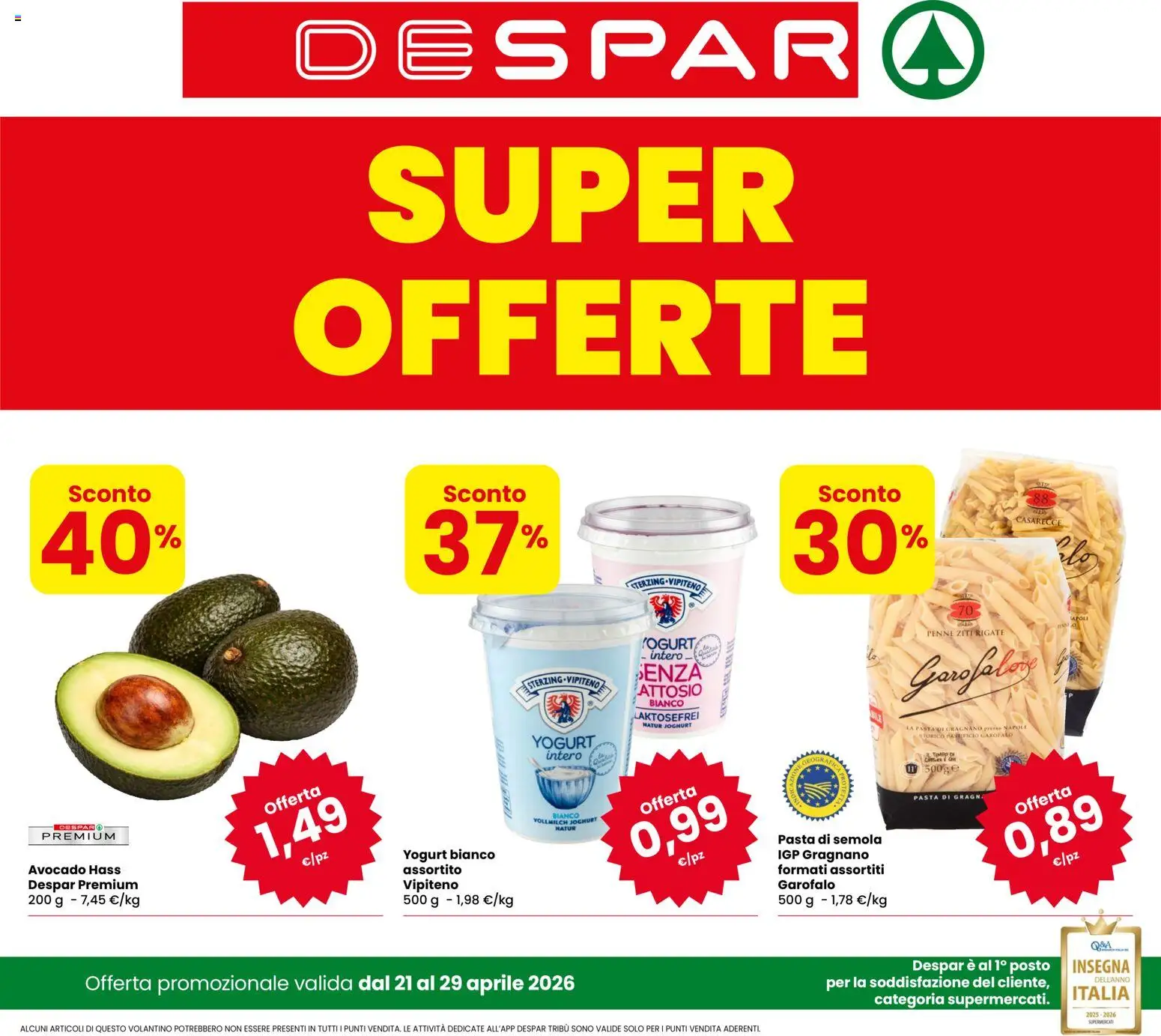 Volantino Despar del 21.04.2026 | Pagina: 1 | Prodotti: Yogurt, Avocado, Pasta, Penne