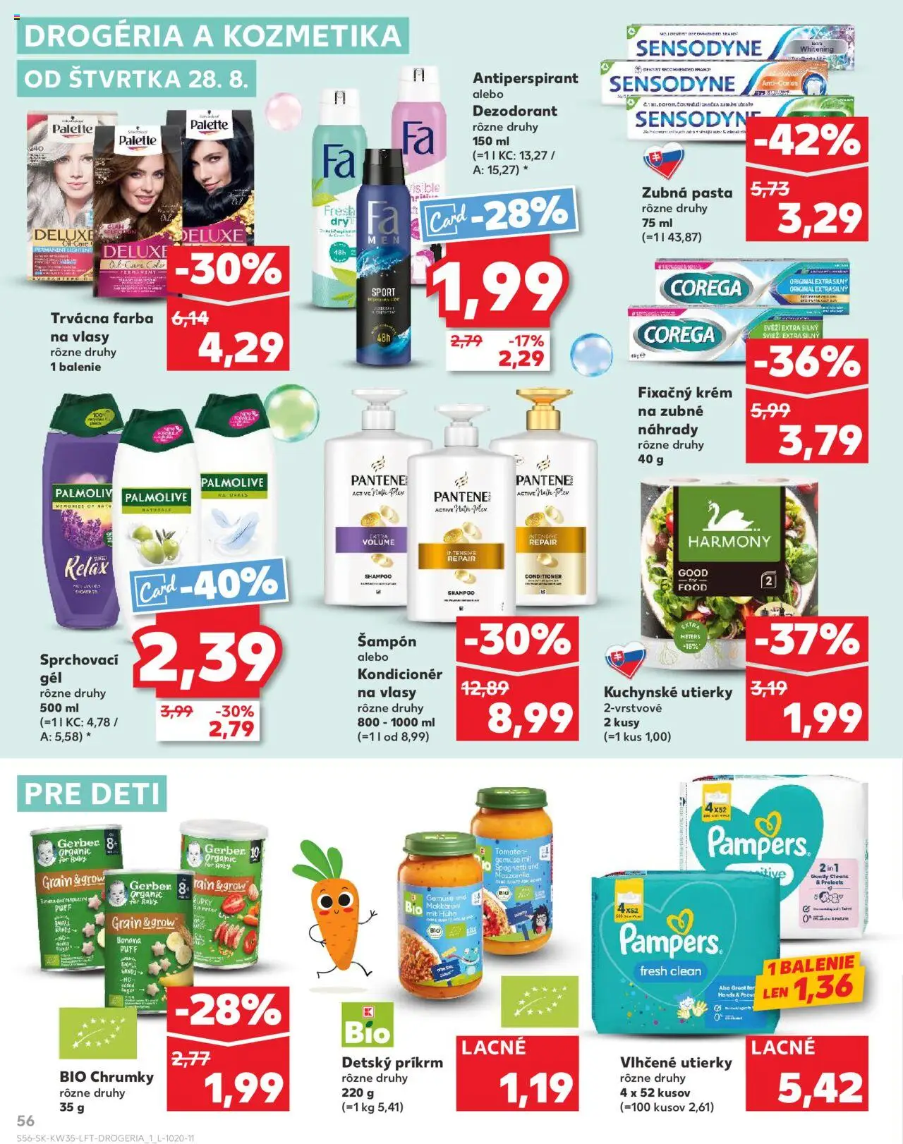 Kaufland SK akciós ujság - amely érvényes a következő dátumtól: 28.08.2025 | Oldal: 56 | Termékek: Pampers, Sampon, Puff