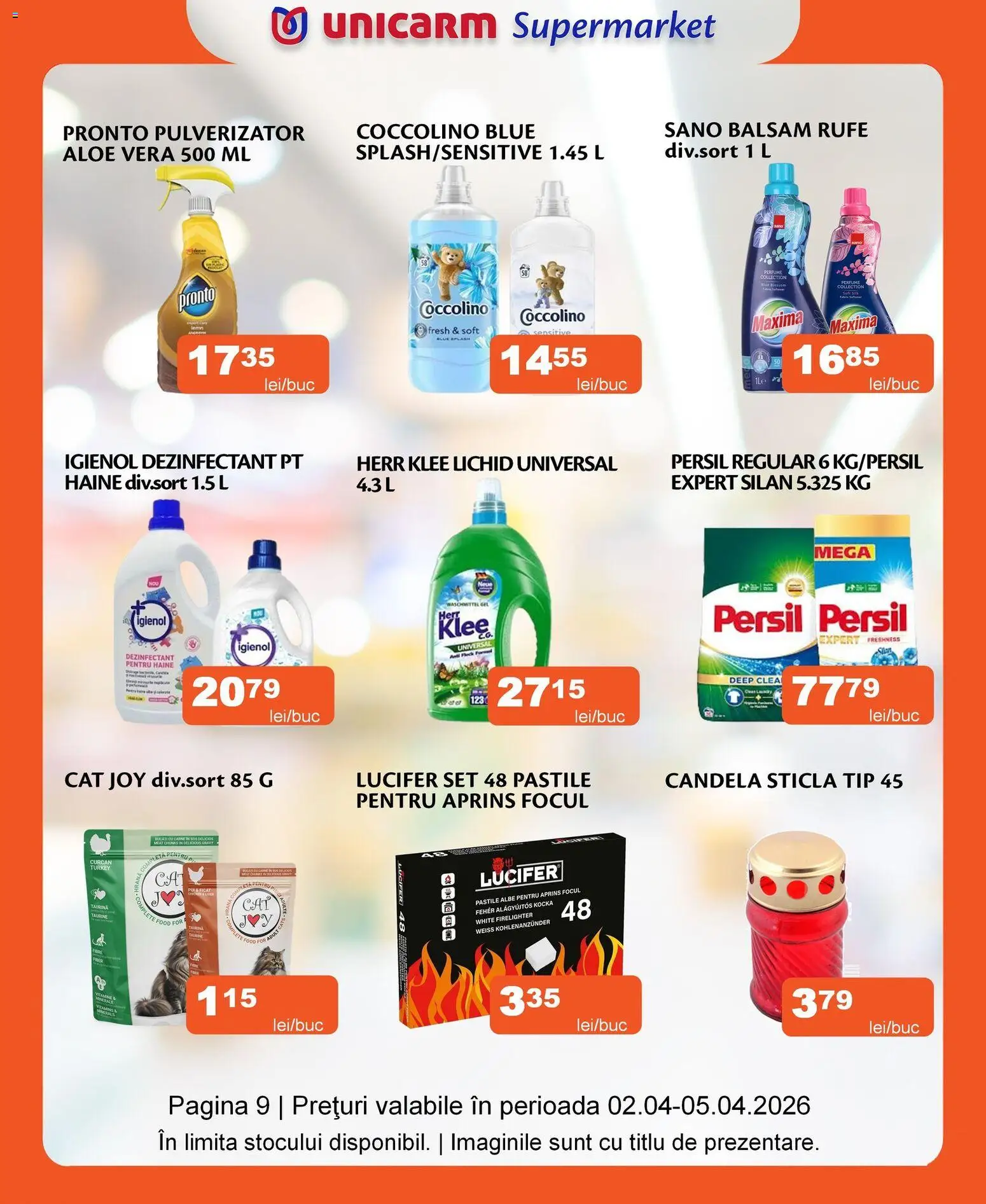 Noul catalog Unicarm – valabil de la 02.04.2026 | Pagină: 9 | Produse: Aloe vera, Hacıyatmaz Kedi Oyuncağı, Haine, Sos