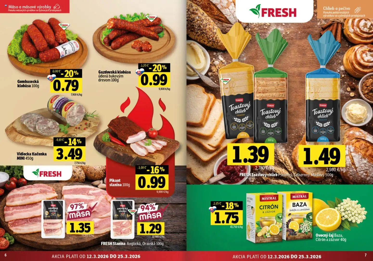 Nové Fresh akcie – leták je platný od 12.03.2026 | Strana: 4 | Produkty: Zázvor, Chlieb, Čaj, Slanina