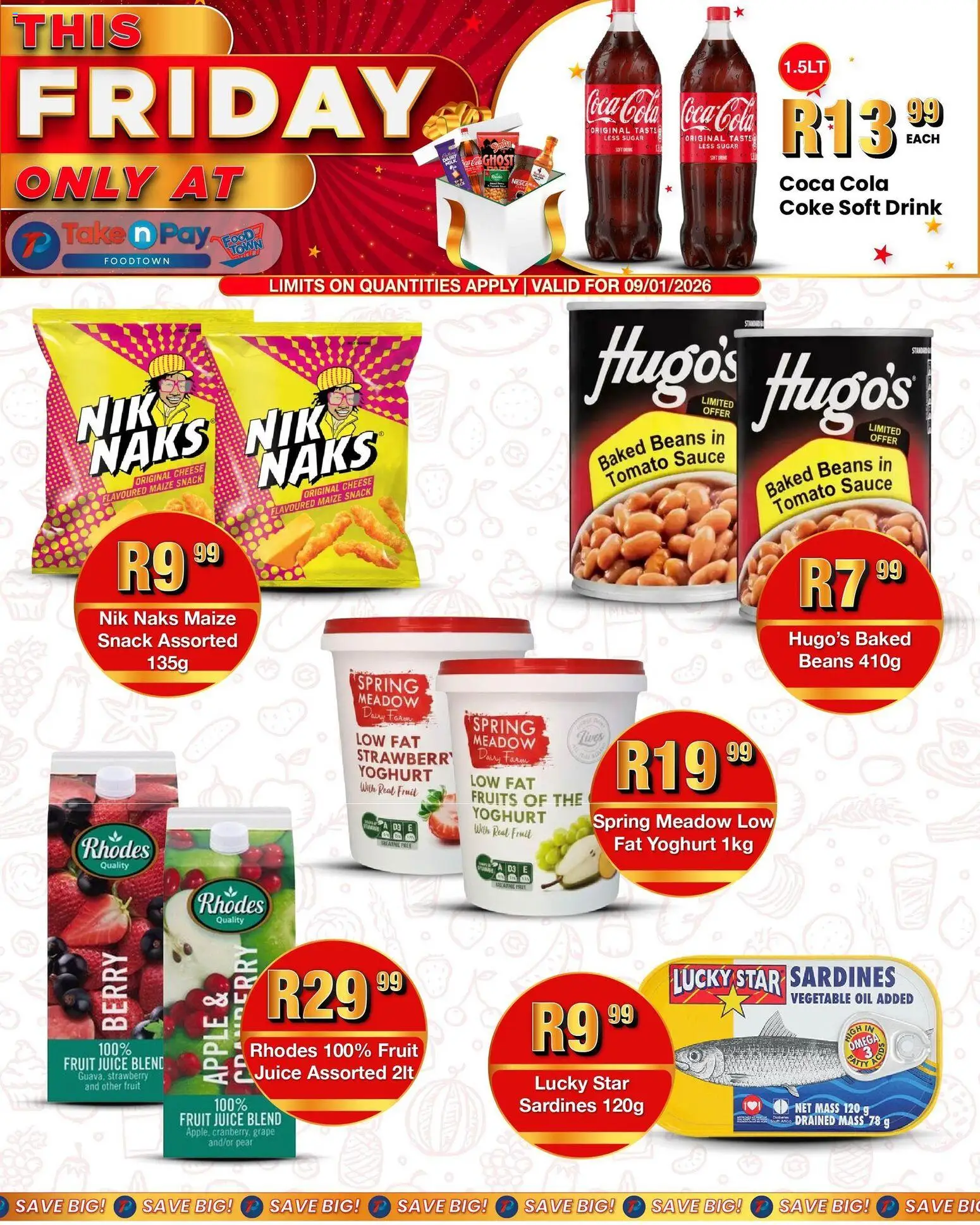 New Take n Pay catalogue – valid from 09.01.2026 | Page: 1 | Products: Beans, Coke, Oil, Fruit