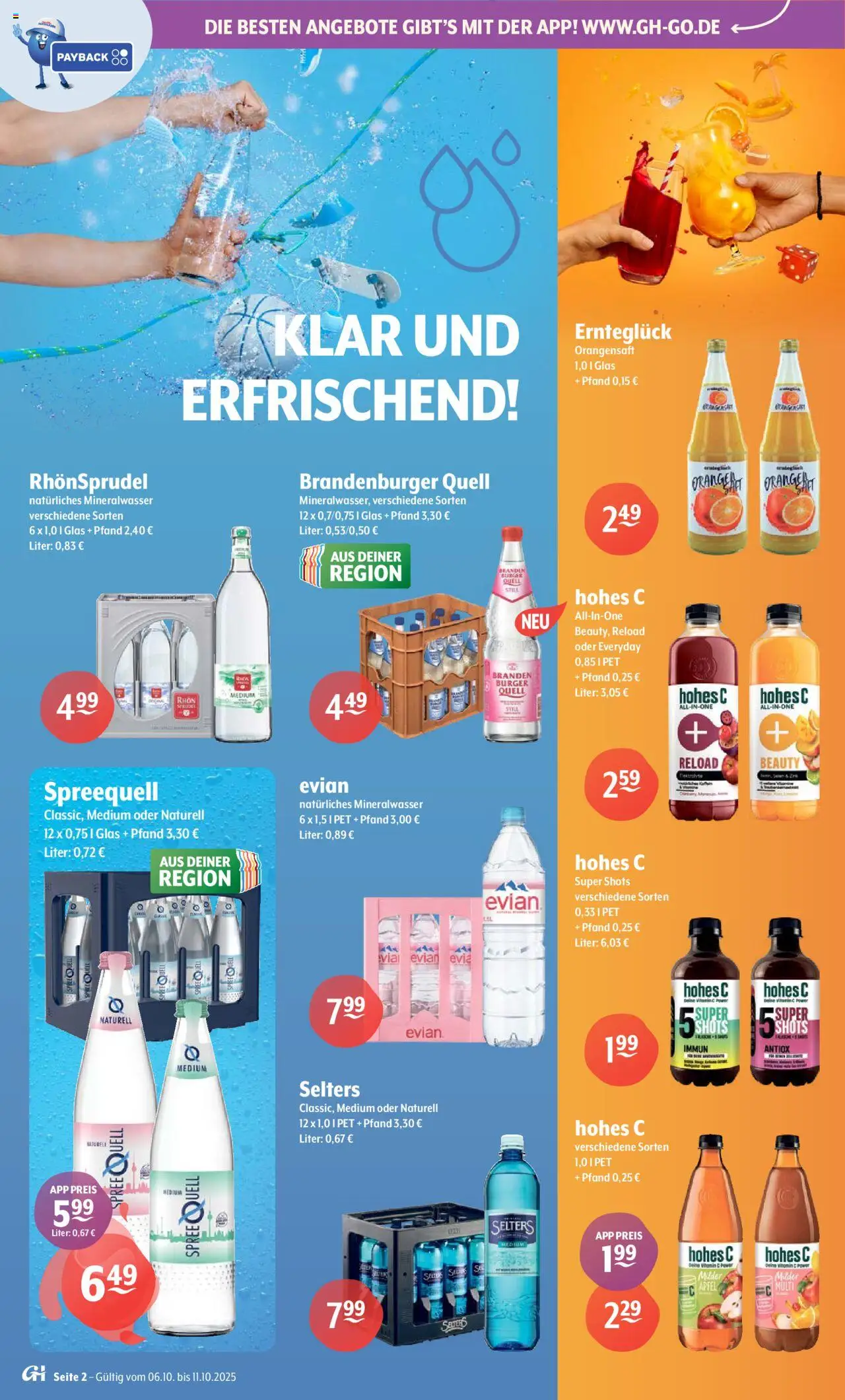 Trink und Spare Prospekt – gültig ab 06.10.2025 | Seite: 2 | Produkte: Burger, Äpfel, Mineralwasser, Rhonsprudel