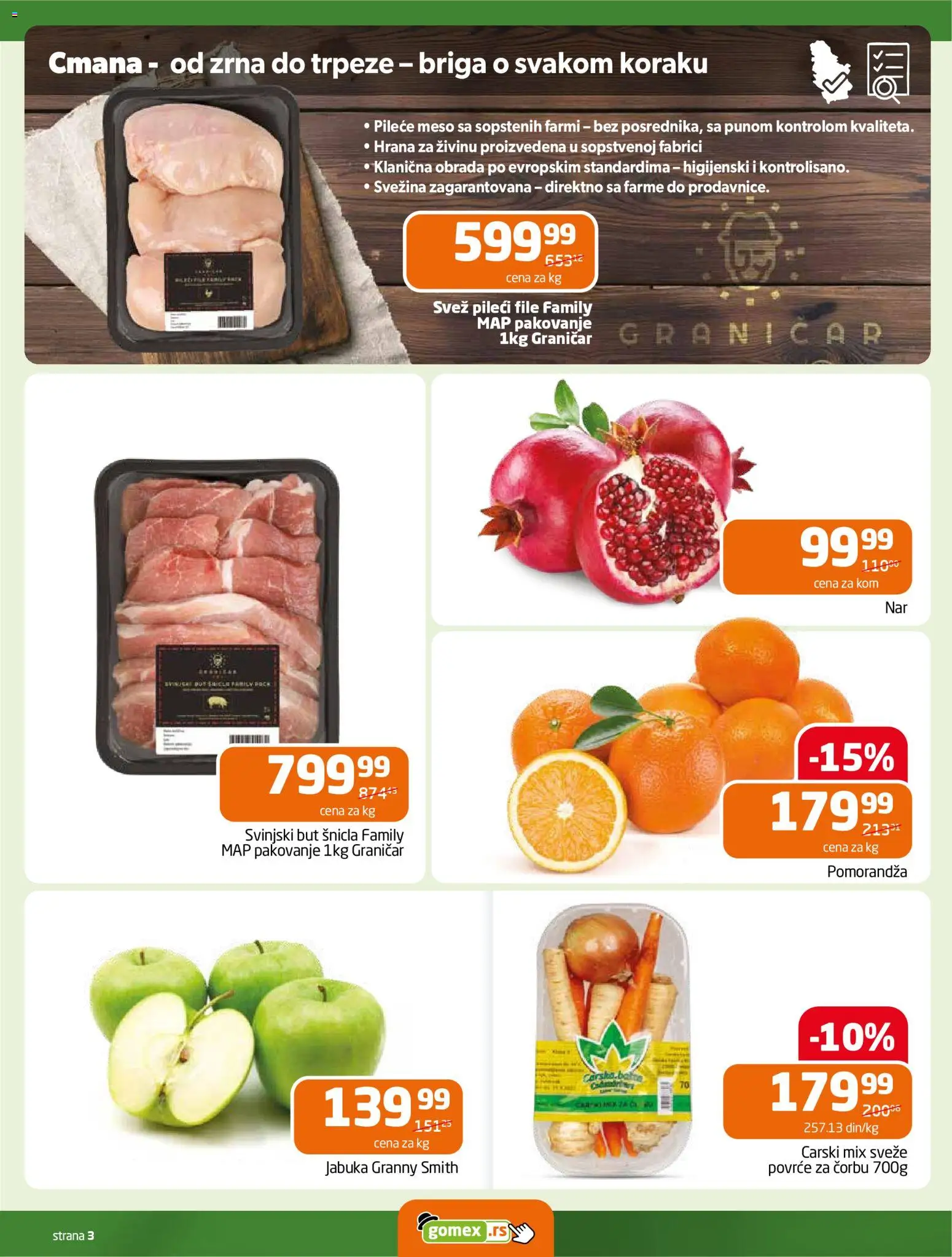 Gomex katalog - važi od 05.11.2025 | Strana: 3 | Proizvode: Pileći file, Pomorandza, Pakovanje, Svinjski but
