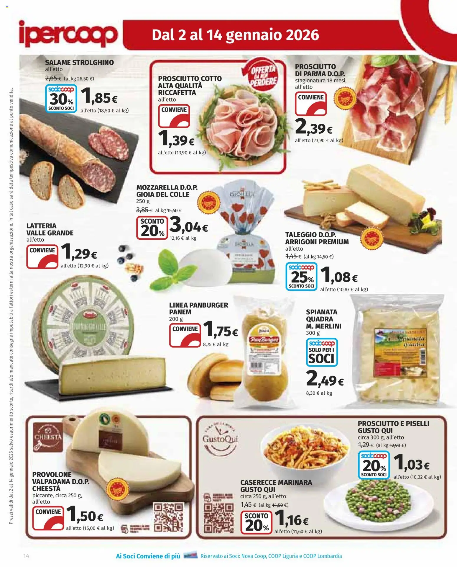 Volantino Ipercoop del 02.01.2026 | Pagina: 14 | Prodotti: Provolone, Salame, Prosciutto, Piselli