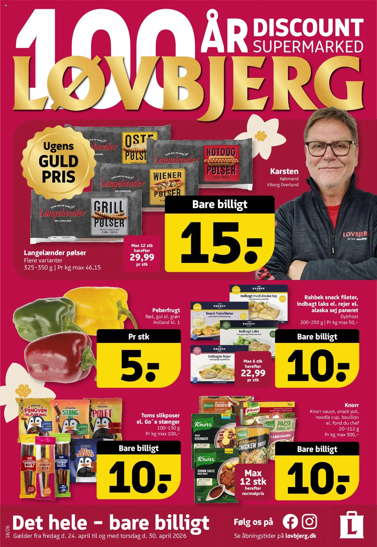 Løvbjerg tilbudsavis – gyldig fra 24.04.2026 | Side: 1 | Produkter: Pølser, Peberfrugt, Grill, Asparges
