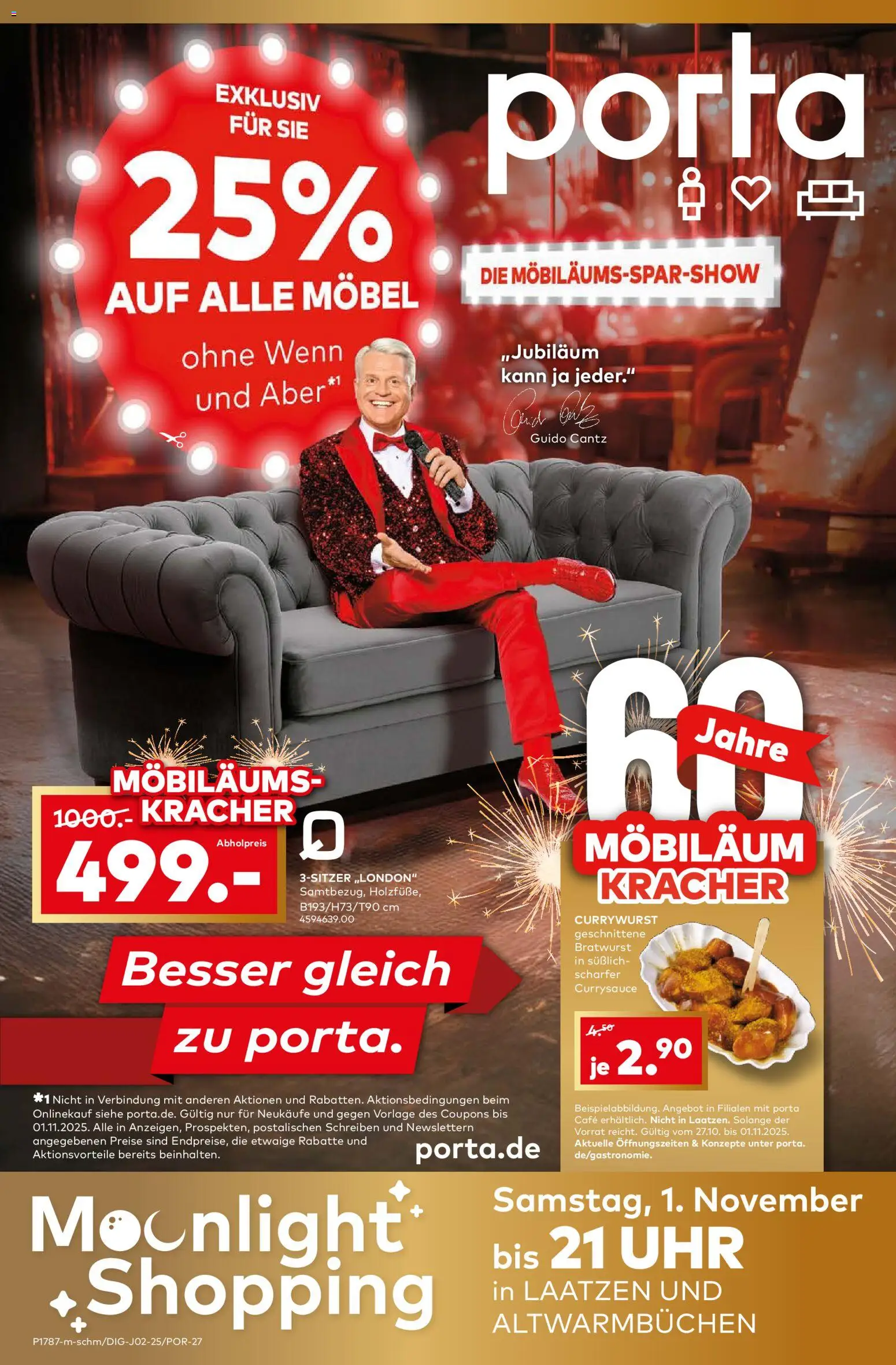 Porta! Möbiläums-Spar-Show mit Guido Cantz und 25% auf ALLE Möbel - Laatzen – gültig ab 27.10.2025 | Seite: 1 | Produkte: Bratwurst, Uhr