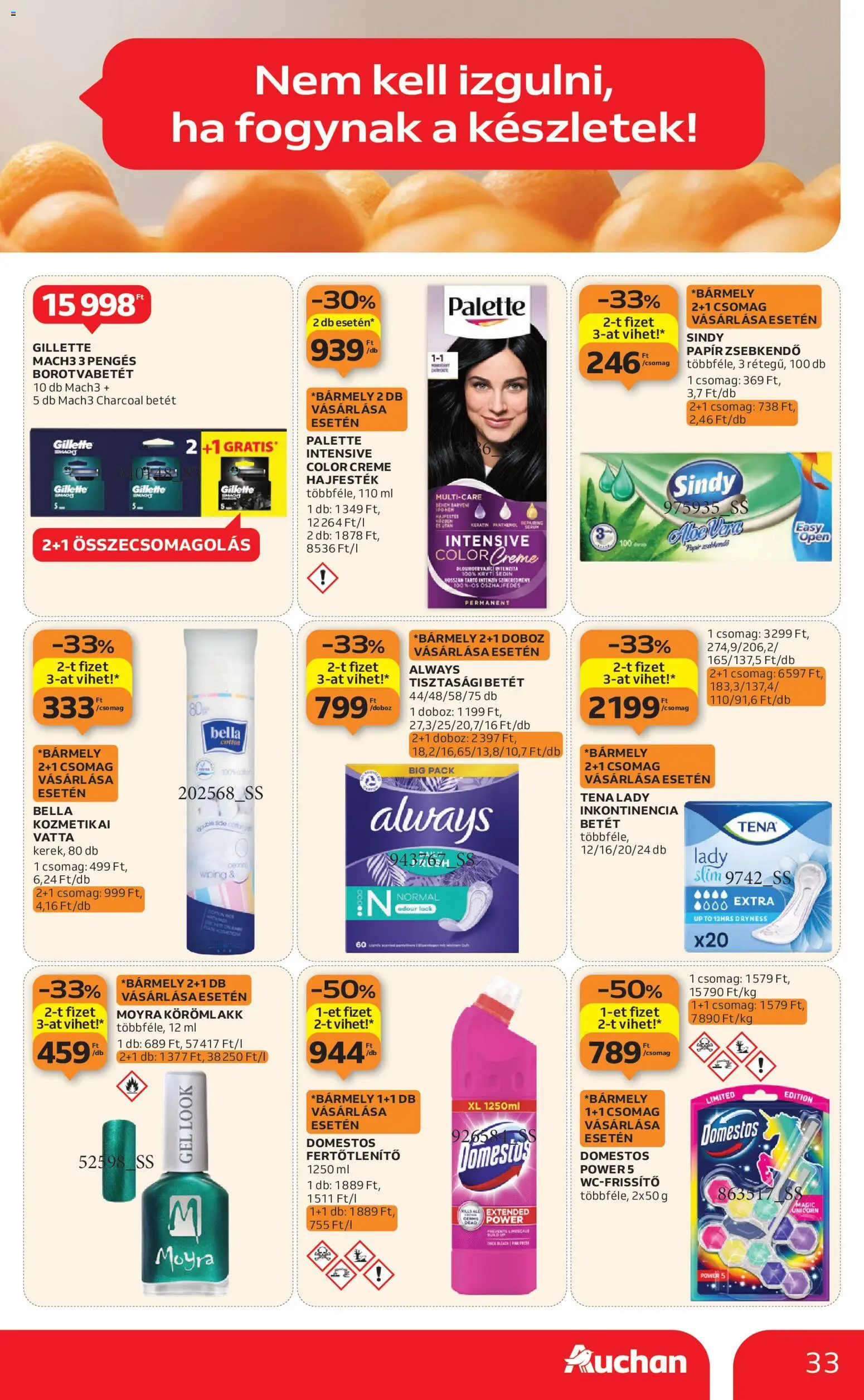 Auchan akciós ujság - amely érvényes a következő dátumtól: 08.01.2026 | Oldal: 33 | Termékek: Borotvabetét, Tisztasági betét, Hajfesték, Doboz