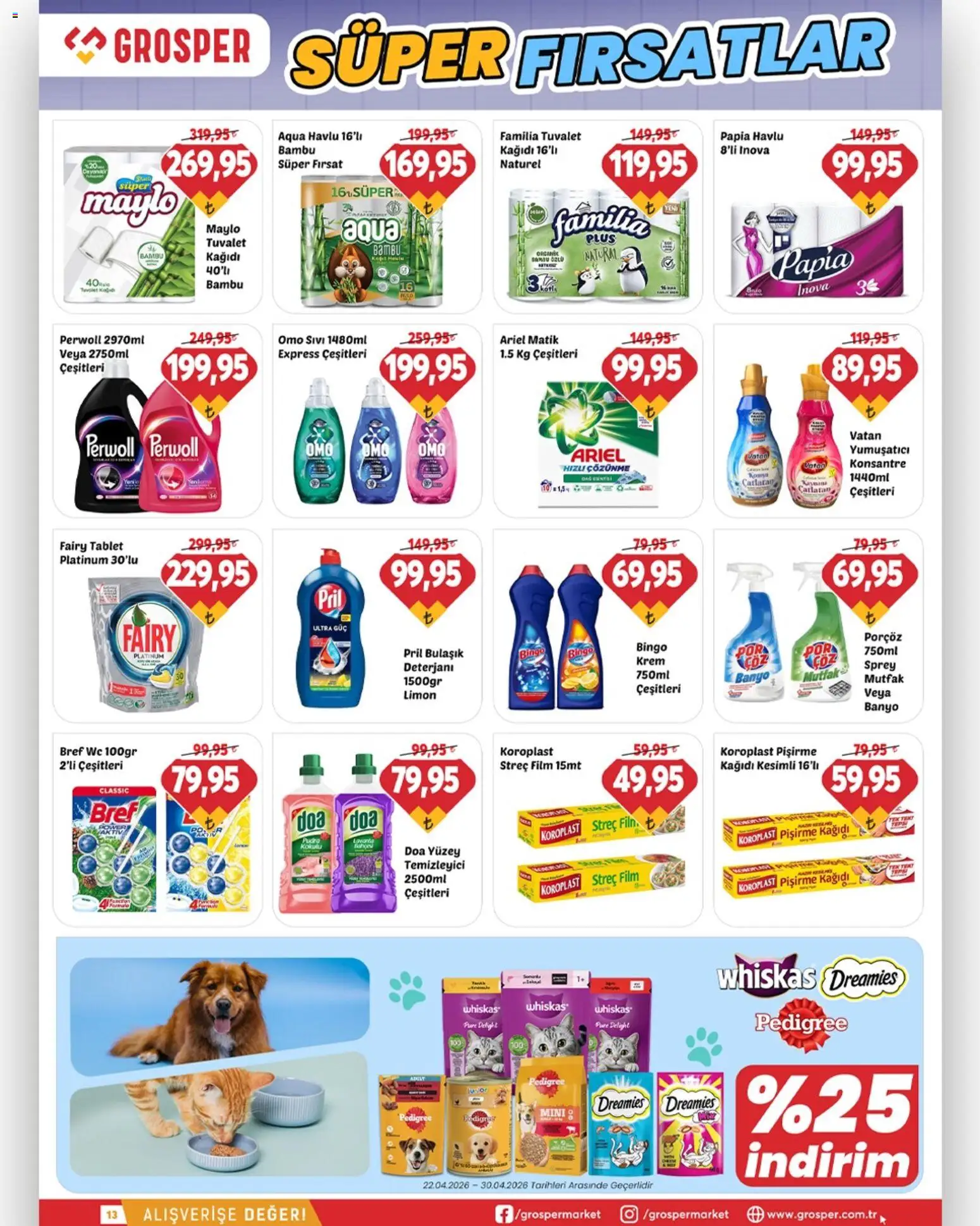 Grosper Katalog - 22.04.2026 tarihinden itibaren geçerlidir | Sayfa: 13 | Ürünler: Banyo, Krem, Yumuşatıcı, Yüzey temizleyici