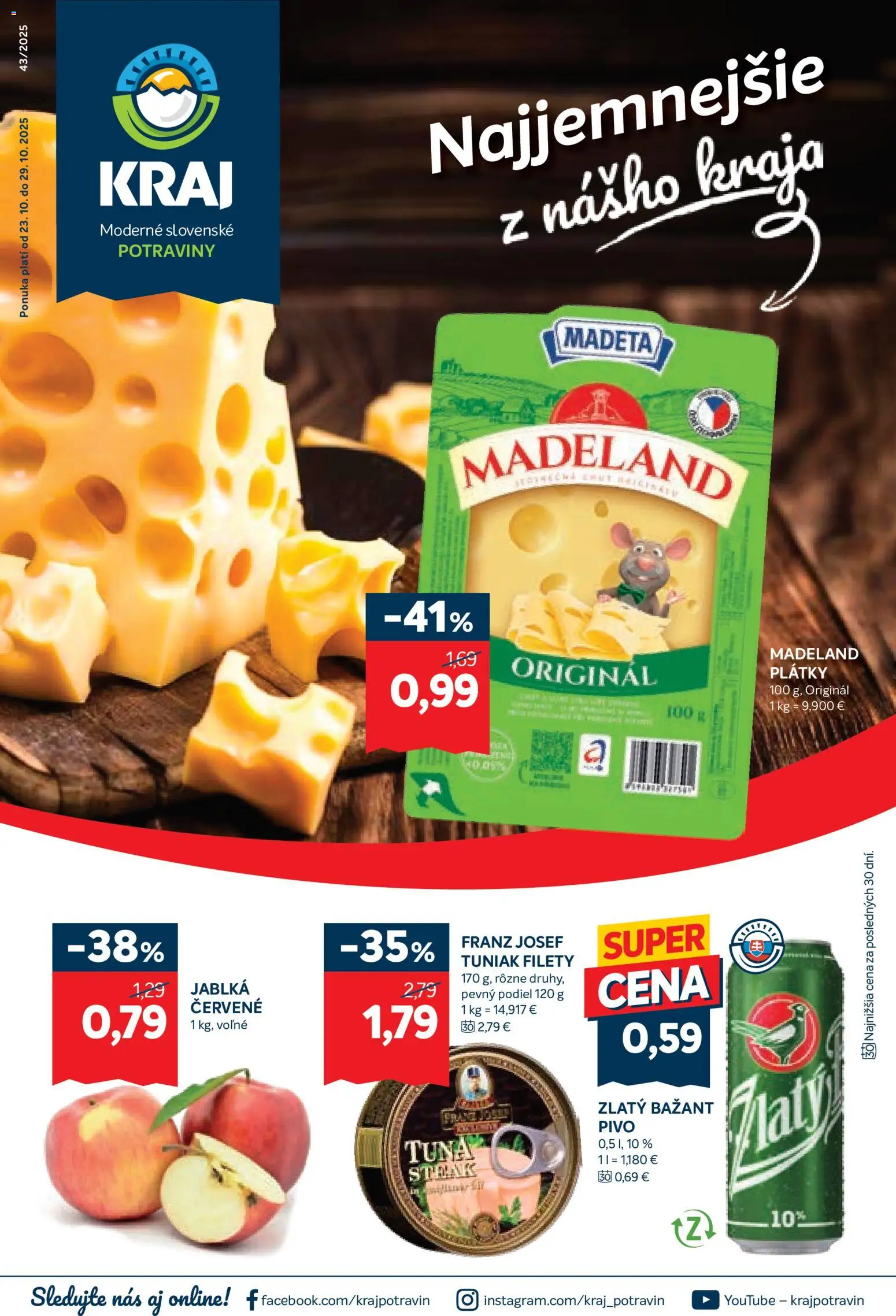 Nové Kraj akcie – leták je platný od 23.10.2025 | Strana: 1 | Produkty: Pivo, Tuniak, Jablká, Zlatý Bažant