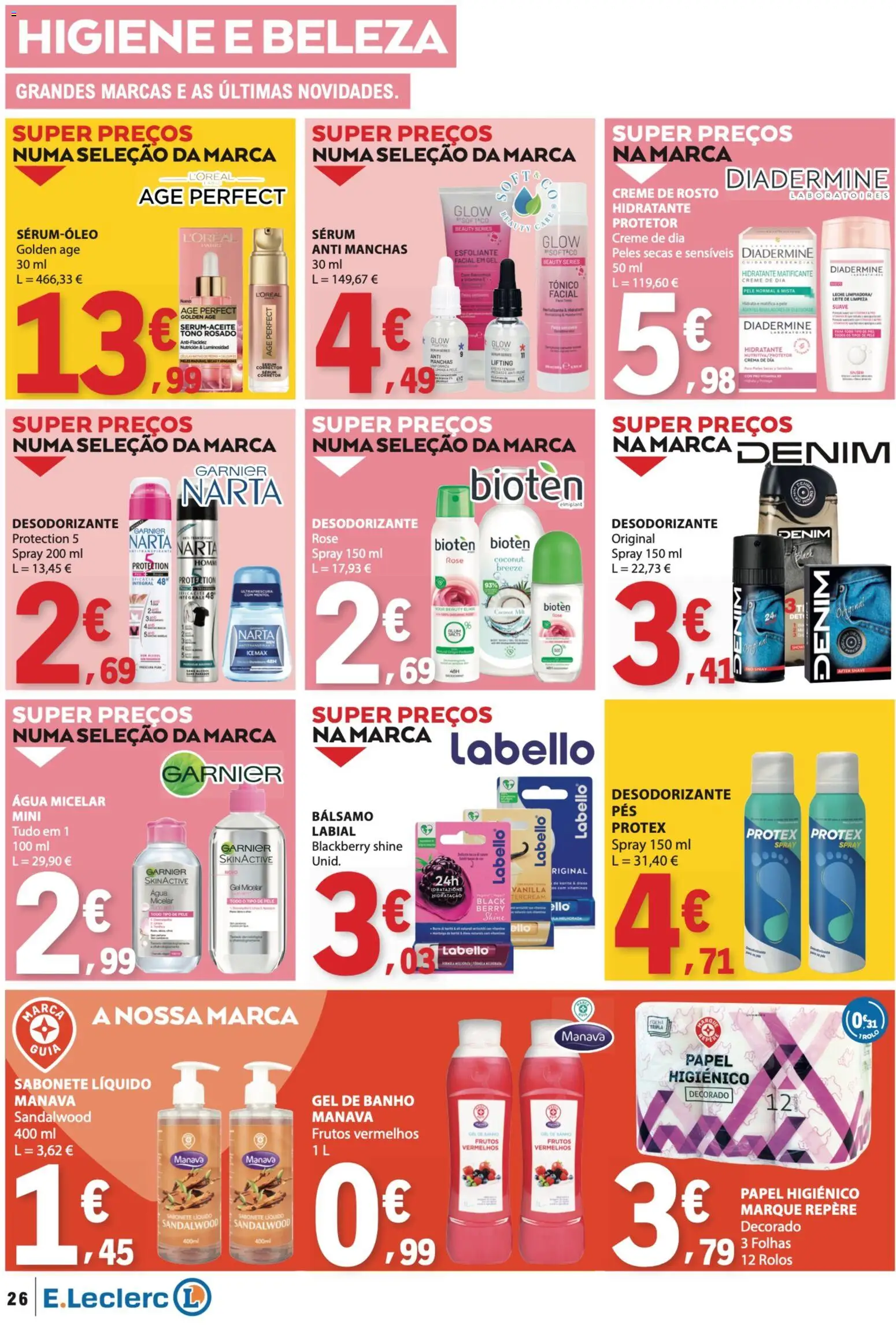 E.Leclerc folheto │ válido de 19.03.2026 | Página: 26 | Produtos: Agua, Desodorizante, Leite, Creme